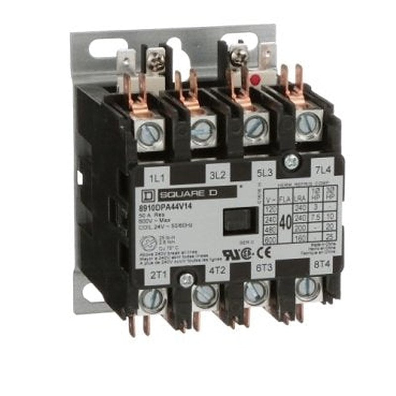 Contactor, Definite Purpose, 40A, 4 pole, 25HP at 575VAC, 3 phase, 24/24VAC 50/60Hz coil, open (Contactor Definite Purpose) is a Schneider Electric product. Designed for reliable performance and long service life. Available across Iraq — contact us for pricing and delivery options.