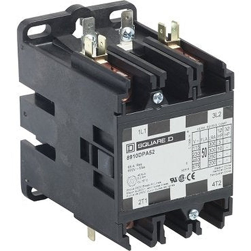 Contactor, Definite Purpose, 50A, 2 pole, 10HP at 230VAC, 1 phase, 24/24VAC 50/60Hz coil, open (Contactor Definite Purpose) is a Schneider Electric product. Designed for reliable performance and long service life. Available across Iraq — contact us for pricing and delivery options.