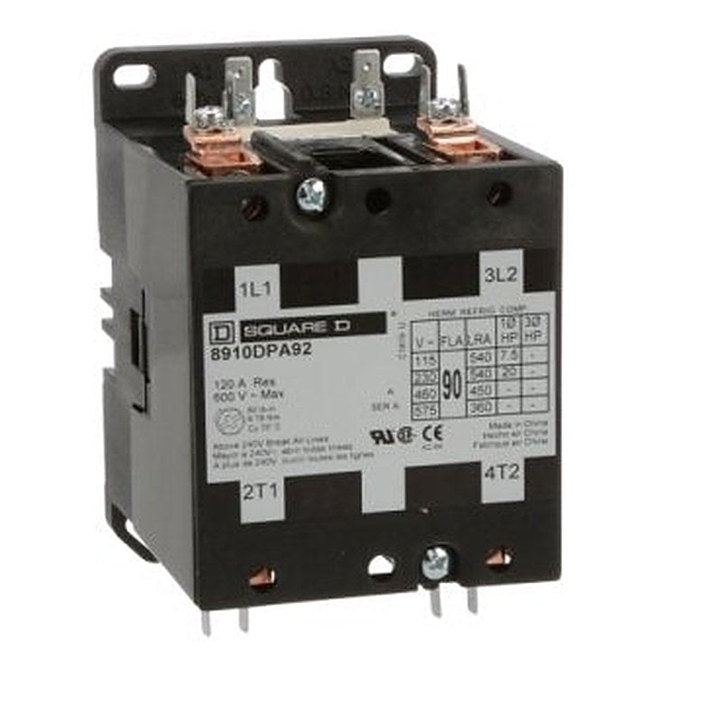 Contactor, Definite Purpose, 90A, 2 pole, 20HP at 230VAC, 1 phase, 110/120VAC 50/60Hz coil, open (Contactor Definite Purpose) is a Schneider Electric product. Designed for reliable performance and long service life. Available across Iraq — contact us for pricing and delivery options.