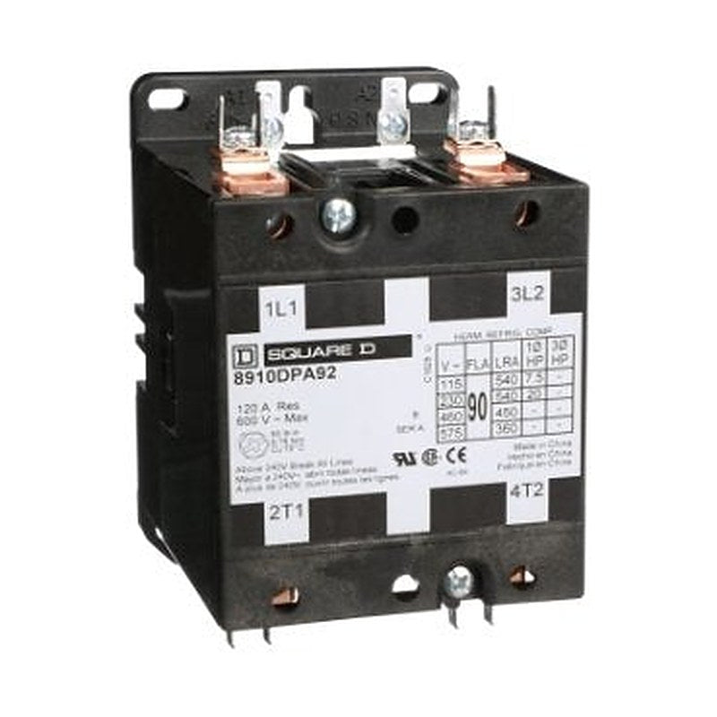 Contactor, Definite Purpose, 90A, 2 pole, 20 HP at 230 VAC, 1 phase, 208/240 VAC 60 Hz 220 VAC 50 Hz coil, open (Contactor Definite Purpose) is a Schneider Electric product. Designed for reliable performance and long service life. Available across Iraq — contact us for pricing and delivery options.