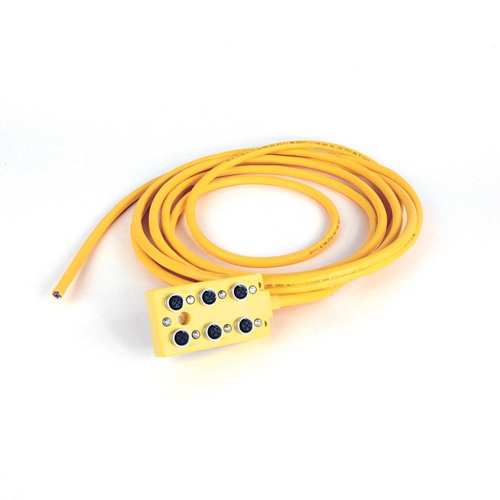Distribution Box, DC Micro (M12), PNP LEDs, 6 Input Ports, Ports on top of box, Quick-Disconnect M23, 12 Pin Male QD Pigtail Main Connection