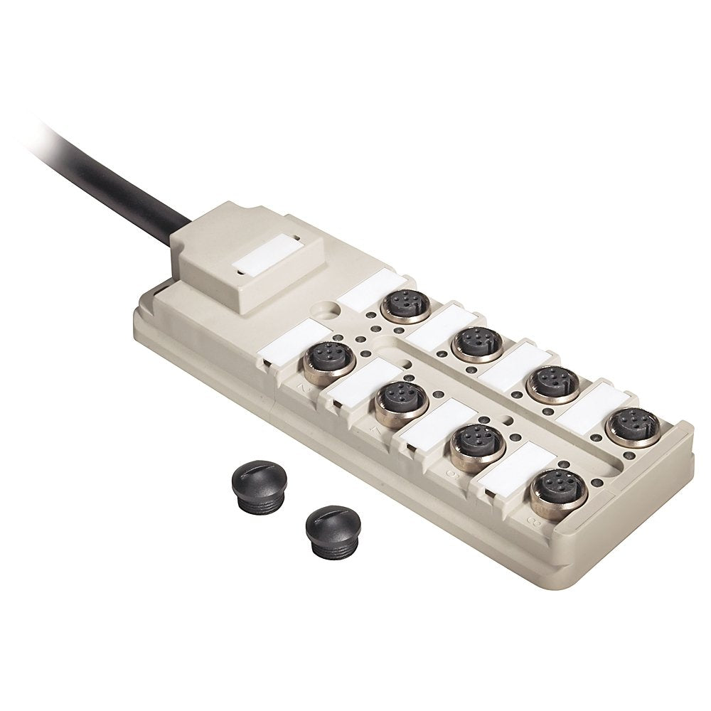 Distribution Box, DC Micro (M12), PNP LEDs, 8 Input Ports, Ports on top of box, PVC Cable, Black, Unshielded, 20m Cable (65.6 ft) Main Connection
