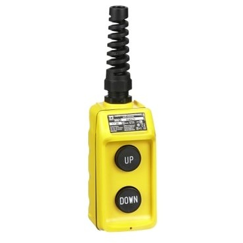 Pendant station, Harmony 9001B, mechanical interlock, yellow, single speed, 5A, 600V AC, marked Up-Down legend (Pendant station Harmony 9001B) is a Schneider Electric product. Designed for reliable performance and long service life. Available across Iraq — contact us for pricing and delivery options.