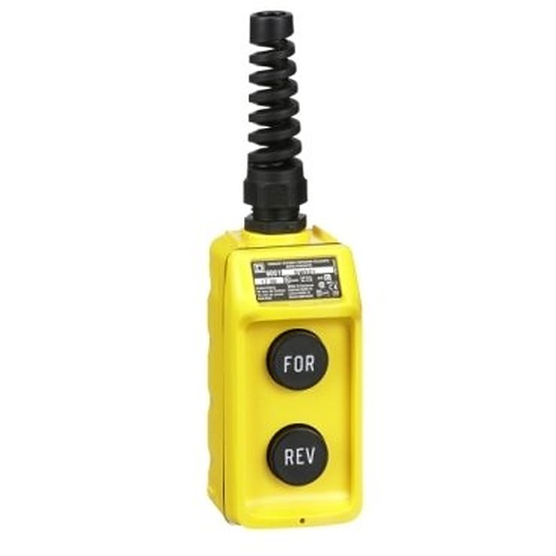 Pendant station, Harmony 9001B, mechanical interlock, yellow, single speed, 5A, 600V AC, marked Forward-Reverse legend (Pendant station Harmony 9001B) is a Schneider Electric product. Designed for reliable performance and long service life. Available across Iraq — contact us for pricing and delivery options.