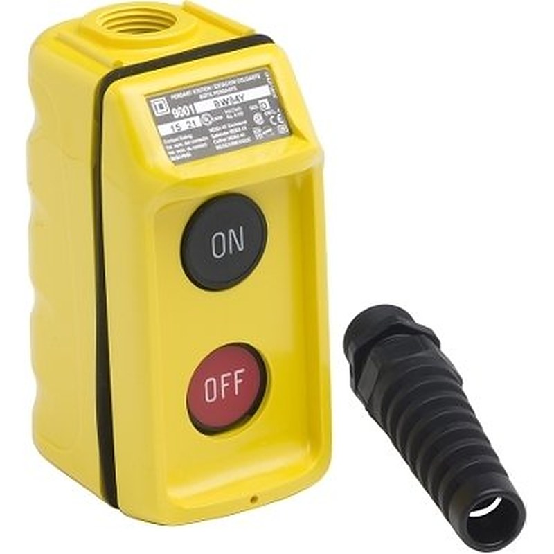 Pendant station, Harmony 9001B, mechanical interlock, yellow, single speed, 5A, 600V AC, marked On-Off legend (Pendant station Harmony 9001B) is a Schneider Electric product. Designed for reliable performance and long service life. Available across Iraq — contact us for pricing and delivery options.