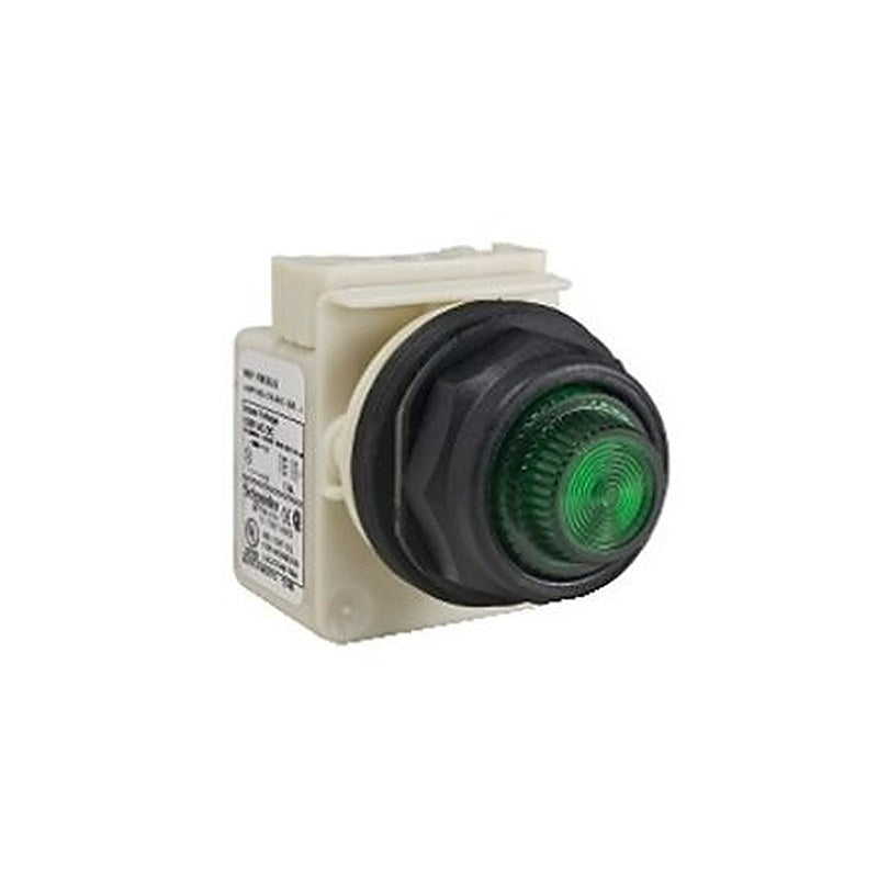 Schneider Electric, 9001SK, Panel Mount Green LED Pilot Light Complete Unit, 30 mm Cutout, IP66, Round, 120V ac/dc
