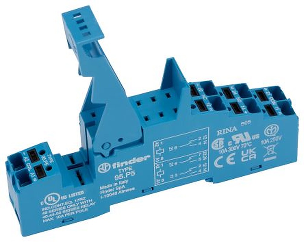 Finder 95 250V ac DIN Rail Relay Socket, for use with 40.51 Relay, 44.52 Relay, 40.52 Relay, 86.30 Timer, 44.62 Relay,