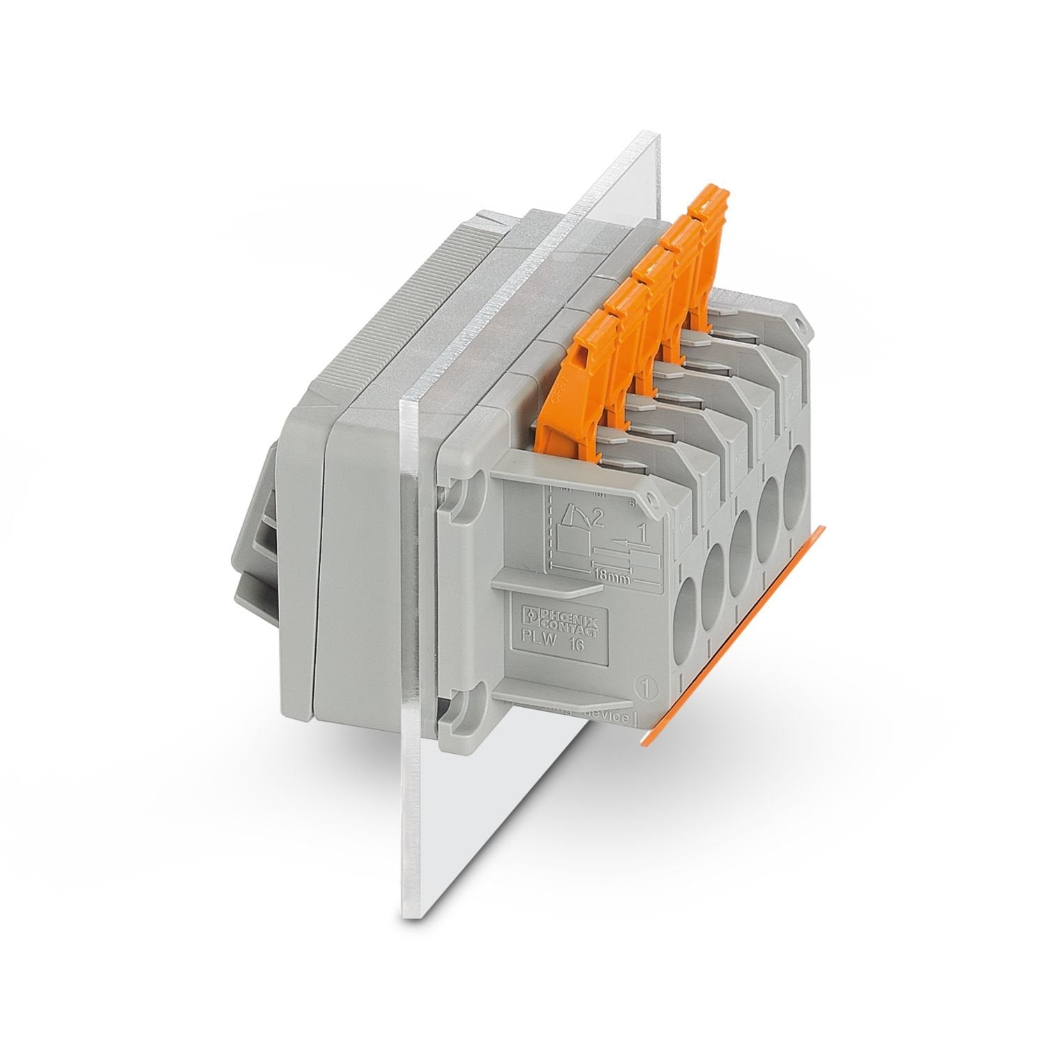 Panel feed-through terminal block, connection method: Push-lock connection, Push-in spring connection, number of positions: 4, load current: 41 A, cross section: 2.5 mm 2 - 16 mm 2 , connection direction of the conductor to plug-in direction: 0 °, width: 64.4 mm, color: gray