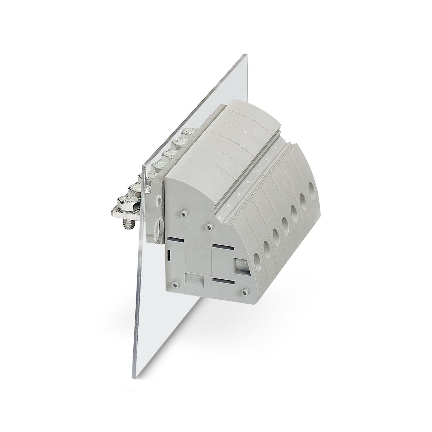 Panel feed-through terminal block, connection method: Screw connection with tension sleeve, Cable lug connection, number of positions: 1, load current: 101 A, cross section: 6 mm 2 - 35 mm 2 , connection direction of the conductor to plug-in direction: -90 °, width: 15 mm, color: gray