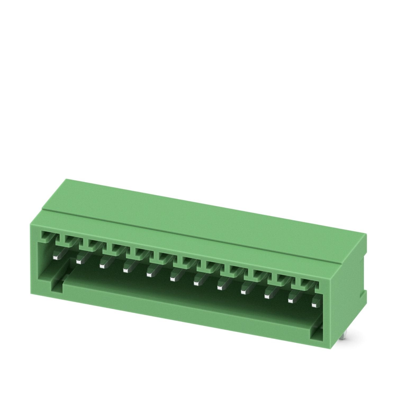PCB headers, nominal cross section: 0.5 mm 2 , color: green, nominal current: 4 A, rated voltage (III/2): 160 V, contact surface: Sn, contact connection type: Pin, number of potentials: 12, number of rows: 1, number of positions: 12, number of connections: 12, product range: MC 0,5/..-G, pitch: 2.5 mm, mounting: Wave soldering, conductor/PCB connection direction: 0 °, pin layout: Linear pinning, solder pin [P]: 3.8 mm, number of solder pins per potential: 1, plug-in system: COMBICON FK-MC 0,5, Pin connector