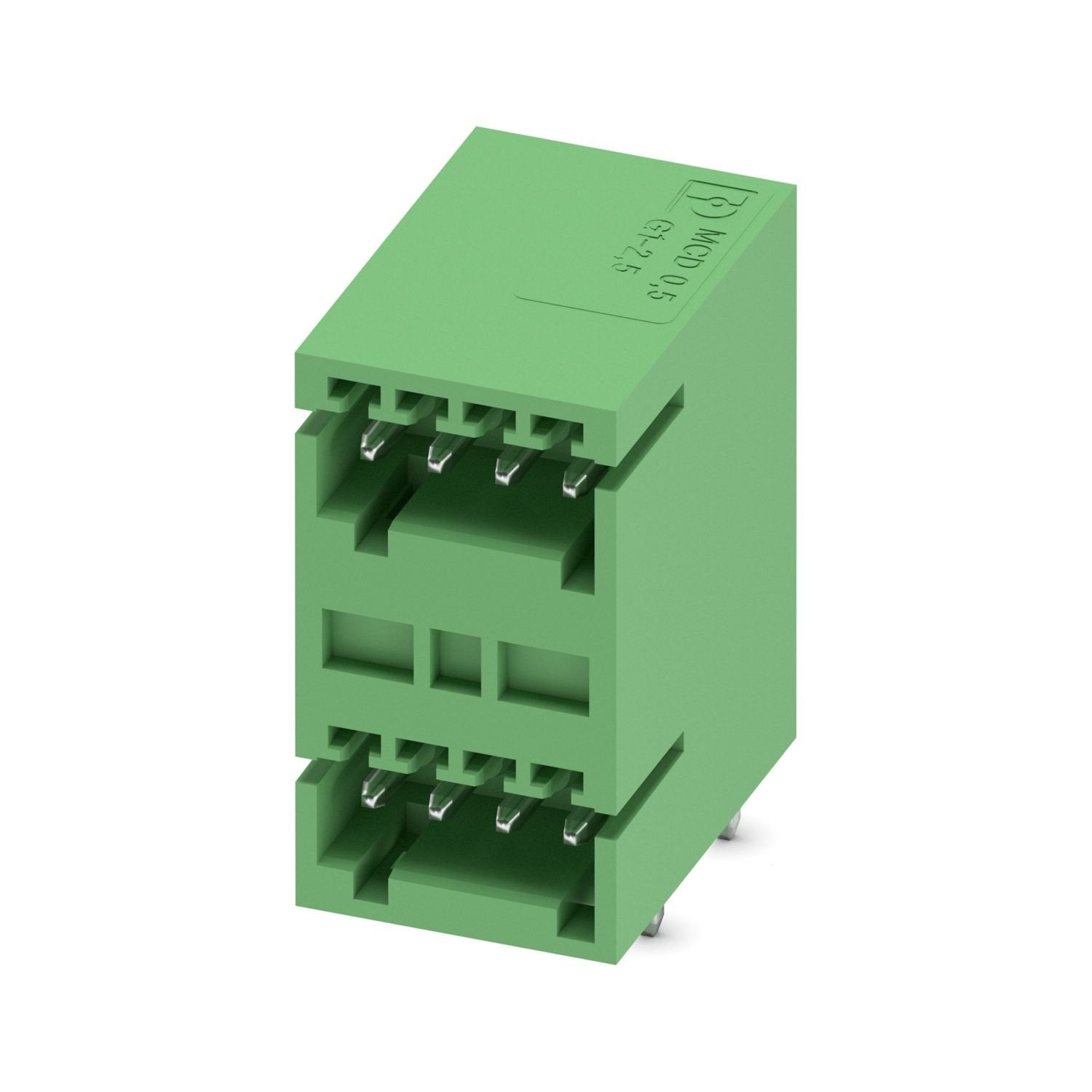 PCB headers, nominal cross section: 0.5 mm 2 , color: green, nominal current: 4 A, rated voltage (III/2): 160 V, contact surface: Sn, contact connection type: Pin, number of potentials: 8, number of rows: 2, number of positions: 4, number of connections: 8, product range: MCD 0,5/..-G1, pitch: 2.5 mm, mounting: Wave soldering, pin layout: Linear pinning, solder pin [P]: 3.8 mm, number of solder pins per potential: 1, plug-in system: COMBICON FK-MC 0,5, Pin connector pattern alignment: Standard, locking: wit