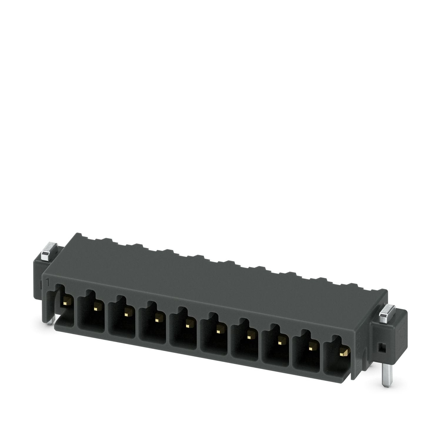 PCB headers, nominal cross section: 0.5 mm 2 , color: black, nominal current: 6 A, rated voltage (III/2): 160 V, contact surface: Au, contact connection type: Pin, number of potentials: 10, number of rows: 1, number of positions: 10, number of connections: 10, product range: MC 0,5/..-G-THR, pitch: 2.54 mm, mounting: THR soldering / wave soldering, pin layout: Linear pinning, solder pin [P]: 2 mm, number of solder pins per potential: 1, plug-in system: COMBICON FMC 0,5, Pin connector pattern alignment: Stan