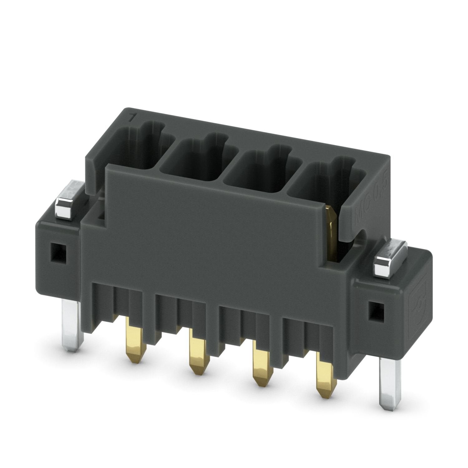PCB headers, nominal cross section: 0.5 mm 2 , color: black, nominal current: 6 A, rated voltage (III/2): 160 V, contact surface: Au, contact connection type: Pin, number of potentials: 4, number of rows: 1, number of positions: 4, number of connections: 4, product range: MCV 0,5/..-G-THR, pitch: 2.54 mm, mounting: THR soldering / wave soldering, pin layout: Linear pinning, solder pin [P]: 2 mm, number of solder pins per potential: 1, plug-in system: COMBICON FMC 0,5, Pin connector pattern alignment: Standa