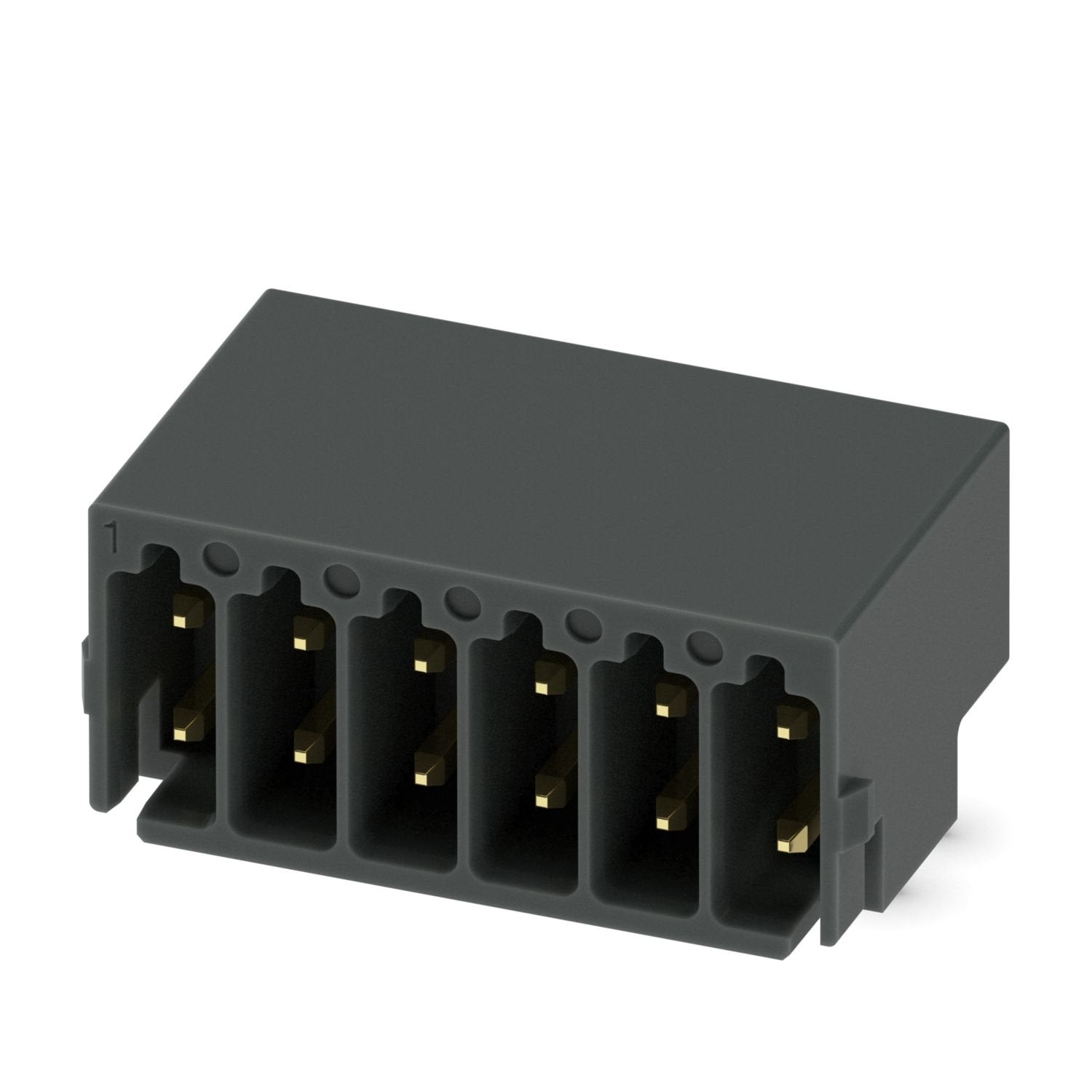 PCB headers, nominal cross section: 0.5 mm 2 , color: black, nominal current: 6 A, rated voltage (III/2): 160 V, contact surface: Au, contact connection type: Pin, number of potentials: 12, number of rows: 2, number of positions: 6, number of connections: 12, product range: DMC 0,5/..-G1-THR, pitch: 2.54 mm, mounting: THR soldering / wave soldering, pin layout: Linear pinning, solder pin [P]: 2 mm, number of solder pins per potential: 1, plug-in system: COMBICON DFMC 0,5, Pin connector pattern alignment: St