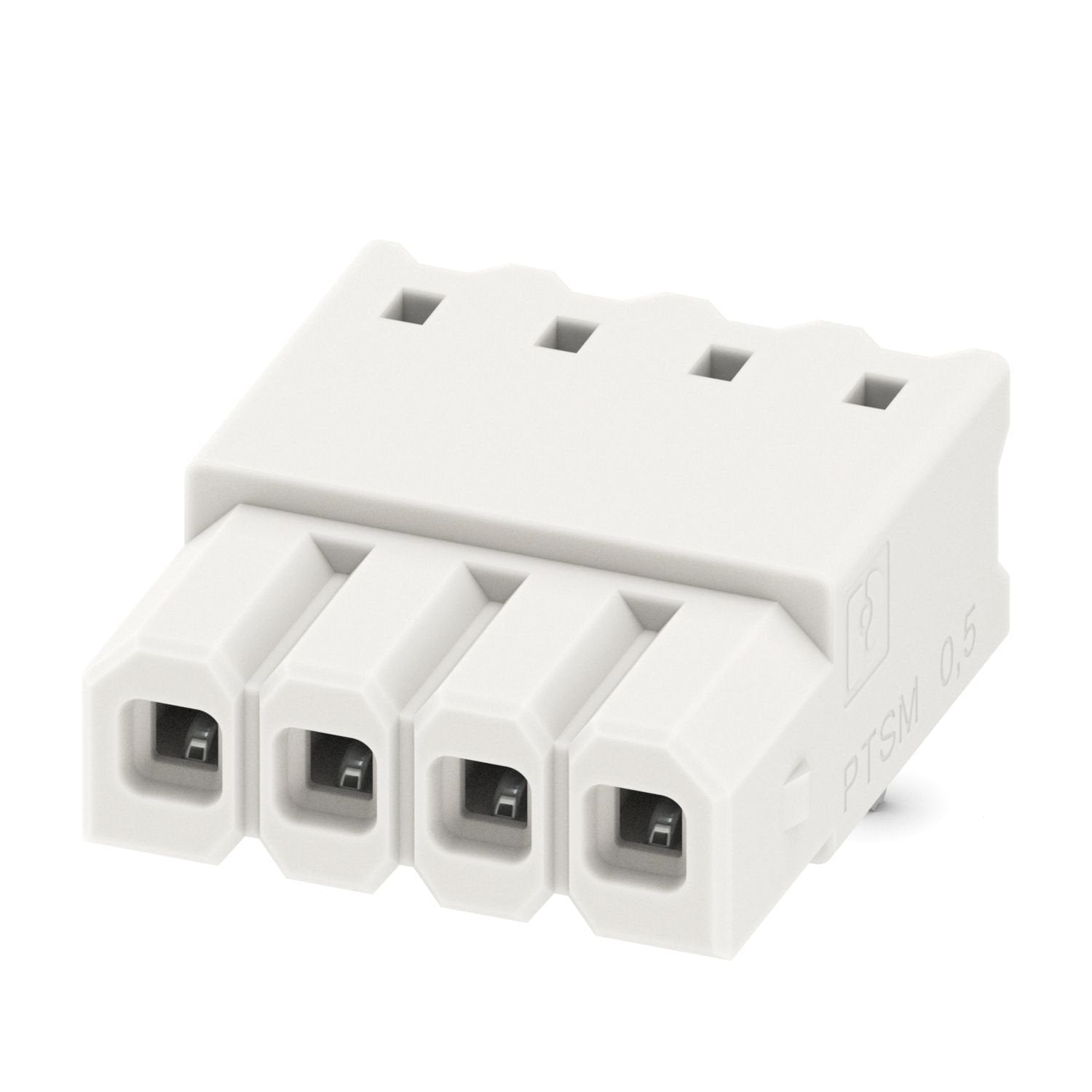PCB headers, nominal cross section: 0.5 mm 2 , color: signal white, nominal current: 6 A, rated voltage (III/2): 160 V, contact surface: Sn, contact connection type: Socket, number of potentials: 4, number of rows: 1, number of positions: 4, number of connections: 4, product range: PTSM 0,5/..-HHI-THR WH, pitch: 2.5 mm, mounting: THR soldering / wave soldering, pin layout: Linear pinning, solder pin [P]: 2.1 mm, number of solder pins per potential: 1, plug-in system: COMBICON PTSM, Pin connector pattern ali