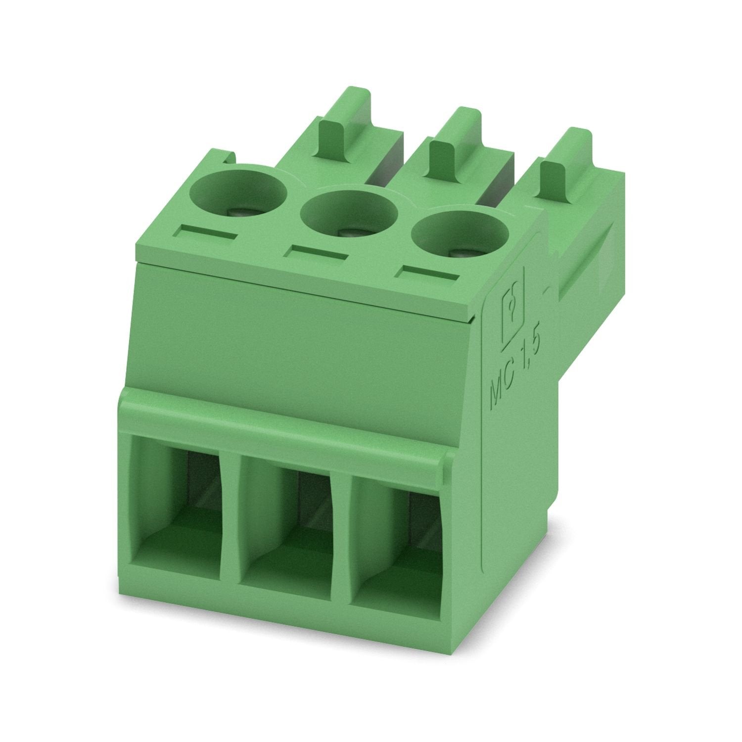PCB connector, nominal cross section: 1.5 mm 2 , color: green, nominal current: 8 A, rated voltage (III/2): 160 V, contact surface: Sn, contact connection type: Socket, number of potentials: 3, number of rows: 1, number of positions: 3, number of connections: 3, product range: MC 1,5/..-ST, pitch: 3.5 mm, connection method: Screw connection with tension sleeve, screw head form: L Slotted, conductor/PCB connection direction: 0 °, plug-in system: COMBICON MC 1,5, locking: without, mounting method: without, ty