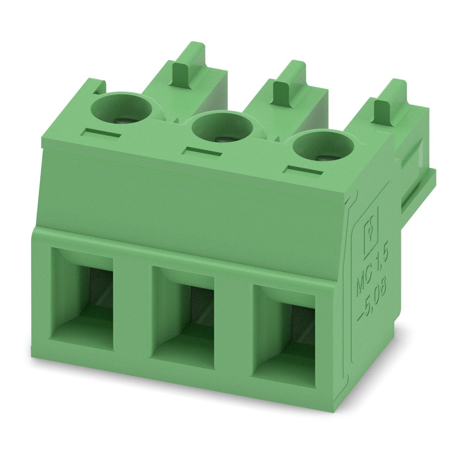 PCB connector, nominal cross section: 1.5 mm 2 , color: green, nominal current: 8 A, rated voltage (III/2): 320 V, contact surface: Sn, contact connection type: Socket, number of potentials: 3, number of rows: 1, number of positions: 3, number of connections: 3, product range: MC 1,5/..-ST, pitch: 5.08 mm, connection method: Screw connection with tension sleeve, screw head form: L Slotted, conductor/PCB connection direction: 0 °, plug-in system: COMBICON MC 1,5, locking: without, mounting method: without, t