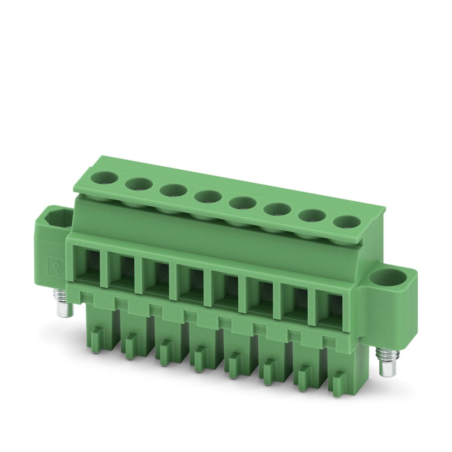 PCB connector, nominal cross section: 1.5 mm 2 , color: green, nominal current: 8 A, rated voltage (III/2): 160 V, contact surface: Sn, contact connection type: Socket, number of potentials: 8, number of rows: 1, number of positions: 8, number of connections: 8, product range: MCVR 1,5/..-STF, pitch: 3.81 mm, connection method: Screw connection with tension sleeve, screw head form: L Slotted, conductor/PCB connection direction: 90 °, plug-in system: COMBICON MC 1,5, locking: Screw locking mechanism, mountin