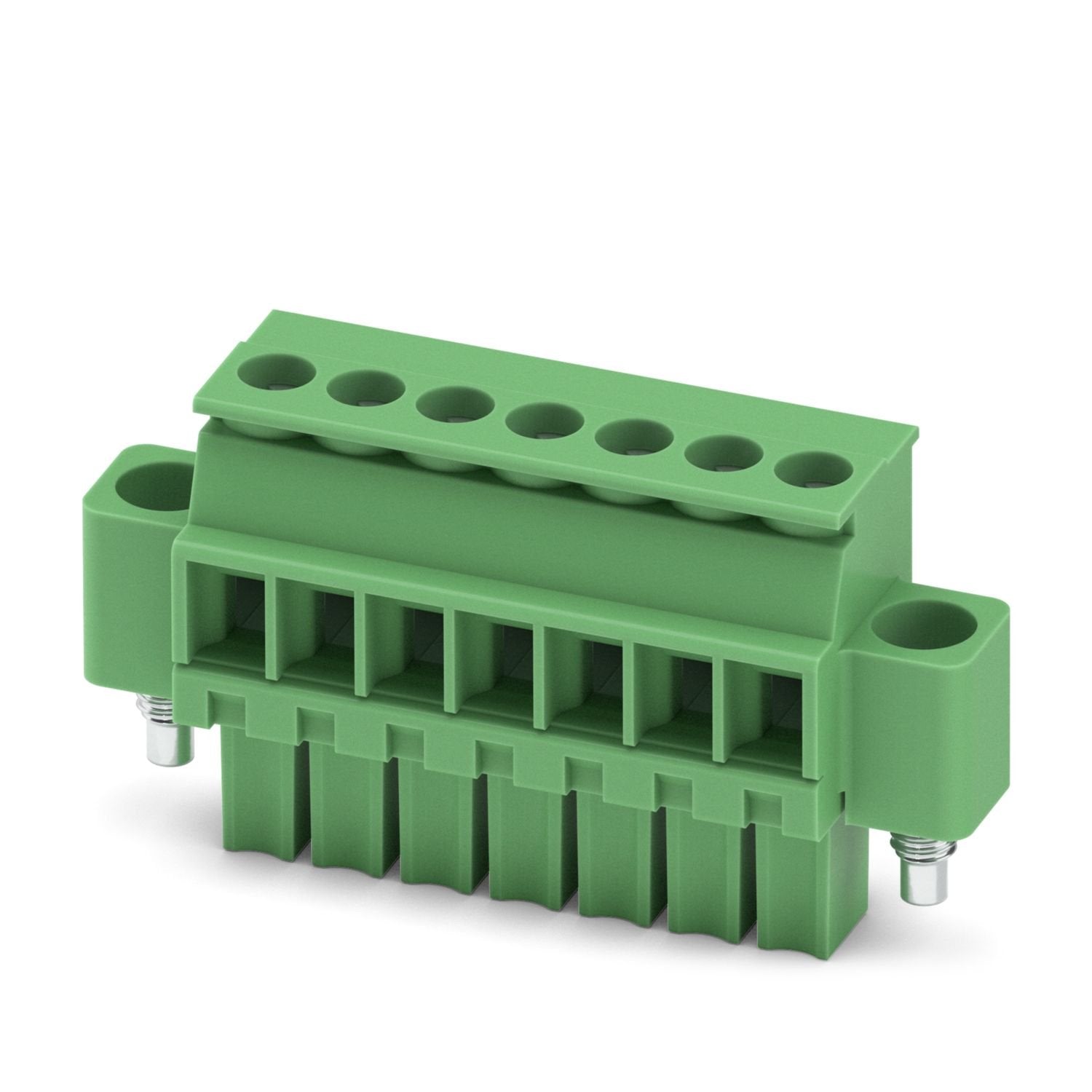 PCB connector, nominal cross section: 1.5 mm 2 , color: green, nominal current: 8 A, rated voltage (III/2): 160 V, contact surface: Sn, contact connection type: Socket, number of potentials: 7, number of rows: 1, number of positions: 7, number of connections: 7, product range: MCVW 1,5/..-STF, pitch: 3.5 mm, connection method: Screw connection with tension sleeve, screw head form: L Slotted, conductor/PCB connection direction: -90 °, plug-in system: COMBICON MC 1,5, locking: Screw locking mechanism, mountin