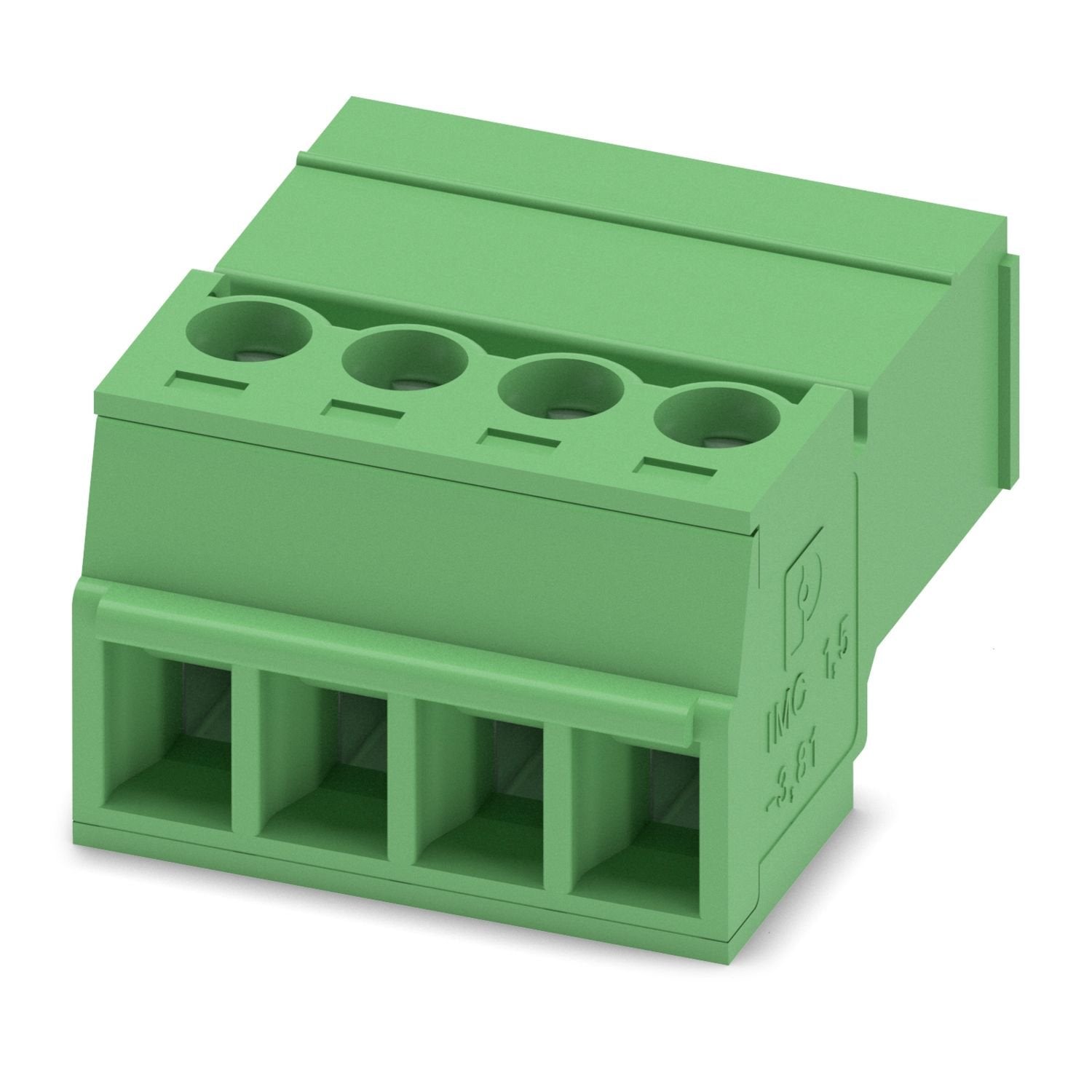 PCB connector, nominal cross section: 1.5 mm 2 , color: green, nominal current: 8 A, rated voltage (III/2): 160 V, contact surface: Sn, contact connection type: Pin, number of potentials: 4, number of rows: 1, number of positions: 4, number of connections: 4, product range: IMC 1,5/..-ST, pitch: 3.81 mm, connection method: Screw connection with tension sleeve, screw head form: L Slotted, conductor/PCB connection direction: 0 °, plug-in system: COMBICON MC 1,5, locking: without, mounting method: without, typ