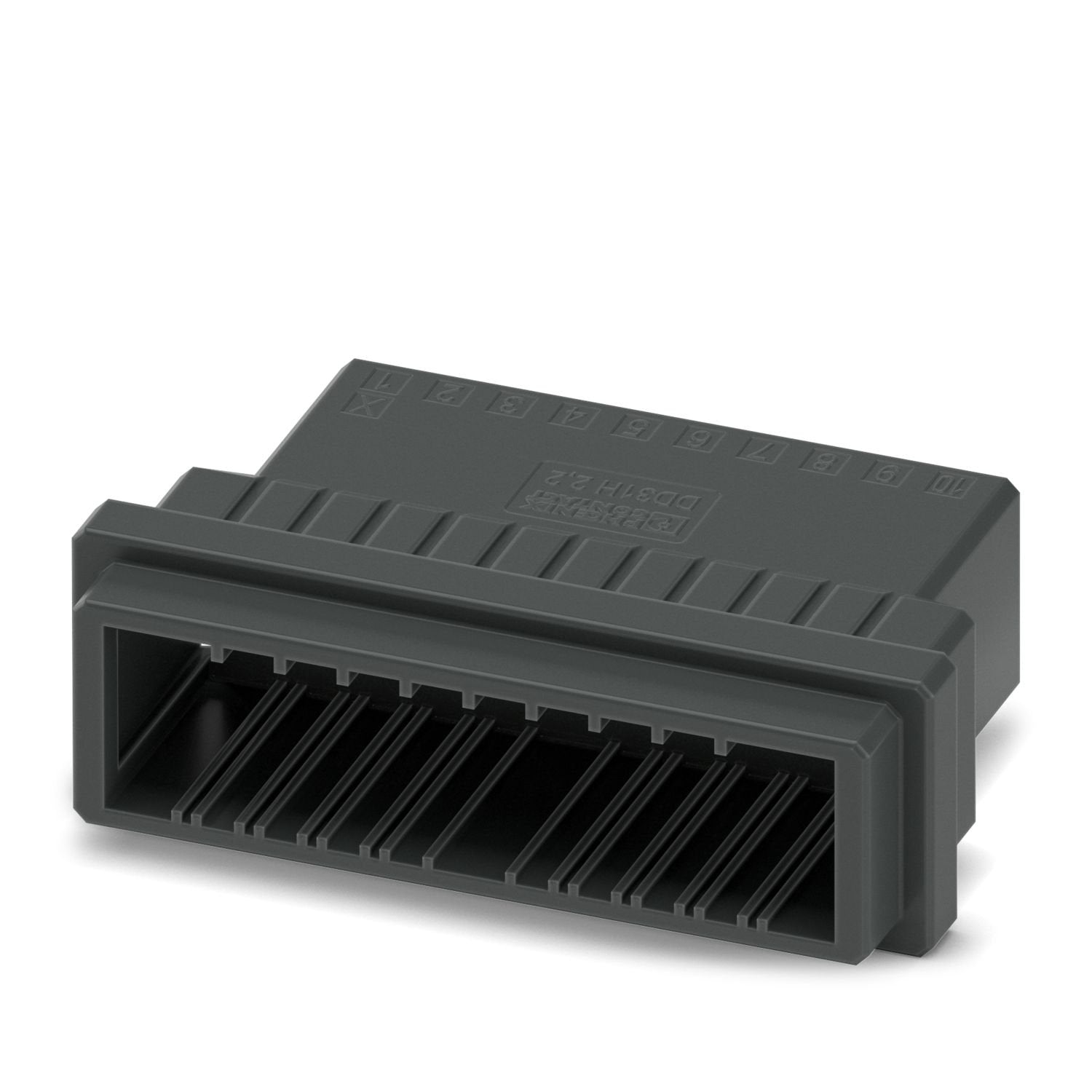 PCB connector, color: black, nominal current: 8 A, rated voltage (III/2): 160 V, contact surface: Sn, contact connection type: Pin, number of rows: 2, number of positions: 20, product range: DD31H 2,2/..-FH, pitch: 3.81 mm, connection method: Crimp connection, conductor/PCB connection direction: 0 °, pin layout: Linear pinning, locking clip: - without locking clip, plug-in system: CONNEXIS DD, locking: Snap-in locking, mounting method: Engagement nose, type of packaging: packed in cardboard