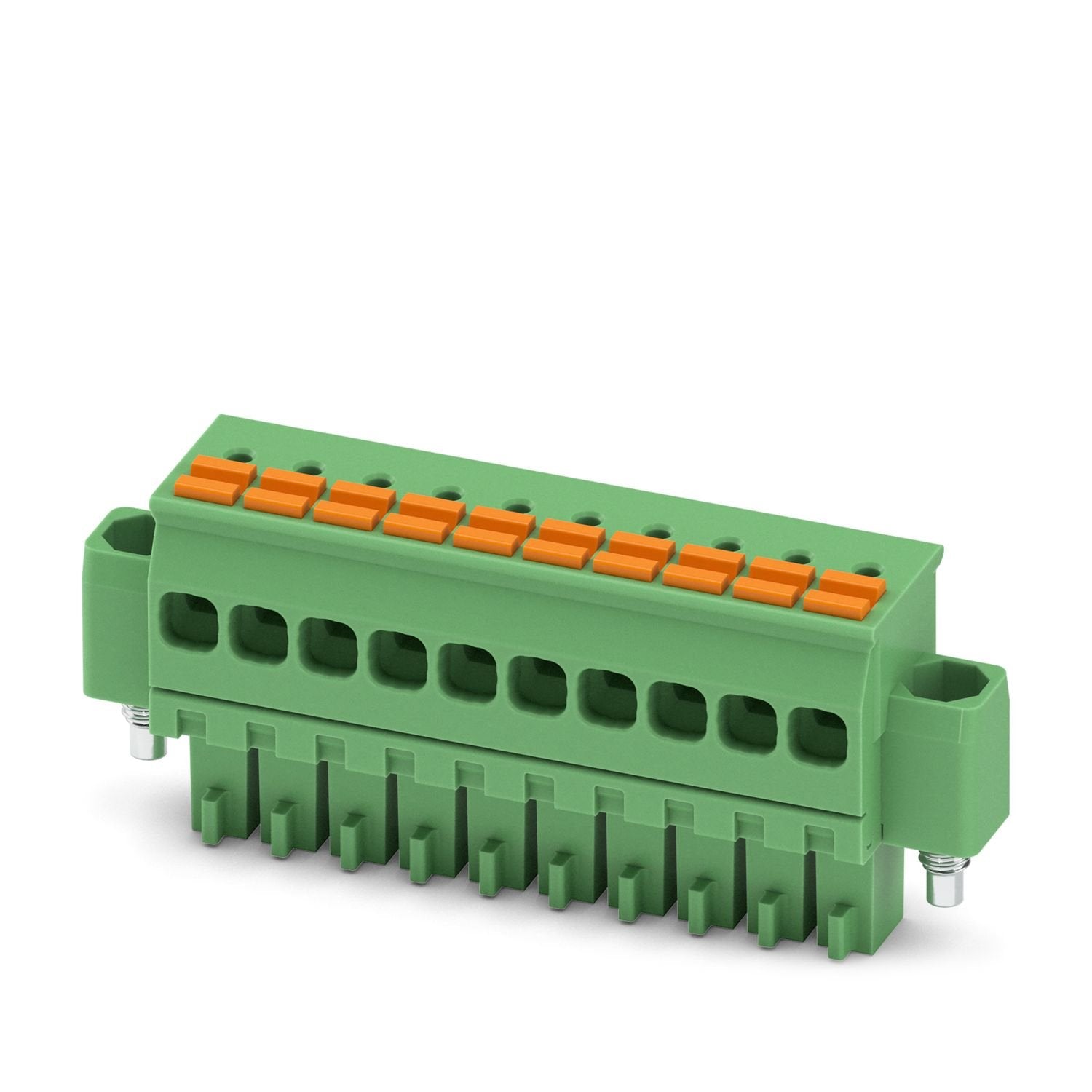 PCB connector, nominal cross section: 1.5 mm 2 , color: green, nominal current: 8 A, rated voltage (III/2): 160 V, contact surface: Sn, contact connection type: Socket, number of rows: 1, number of positions: 10, product range: FMCOR 1,5/..-STF, pitch: 3.5 mm, connection method: Push-in spring connection, conductor/PCB connection direction: 90 °, plug-in system: COMBICON MC 1,5, locking: Screw locking mechanism, mounting method: Screw flange, type of packaging: packed in cardboard