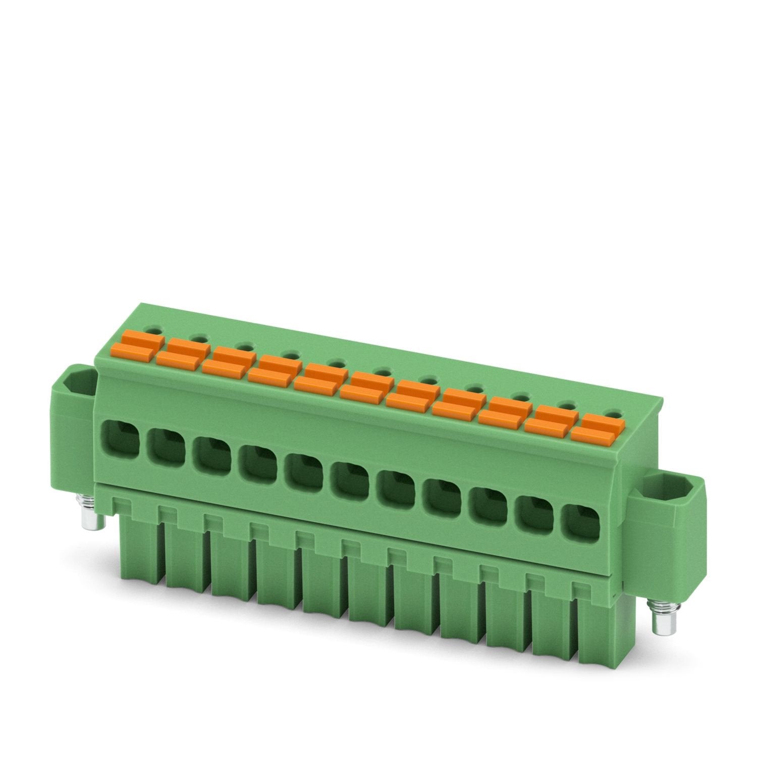 PCB connector, nominal cross section: 1.5 mm 2 , color: green, nominal current: 8 A, rated voltage (III/2): 160 V, contact surface: Sn, contact connection type: Socket, number of rows: 1, number of positions: 11, product range: FMCOW 1,5/..-STF, pitch: 3.5 mm, connection method: Push-in spring connection, conductor/PCB connection direction: -90 °, plug-in system: COMBICON MC 1,5, locking: Screw locking mechanism, mounting method: Screw flange, type of packaging: packed in cardboard