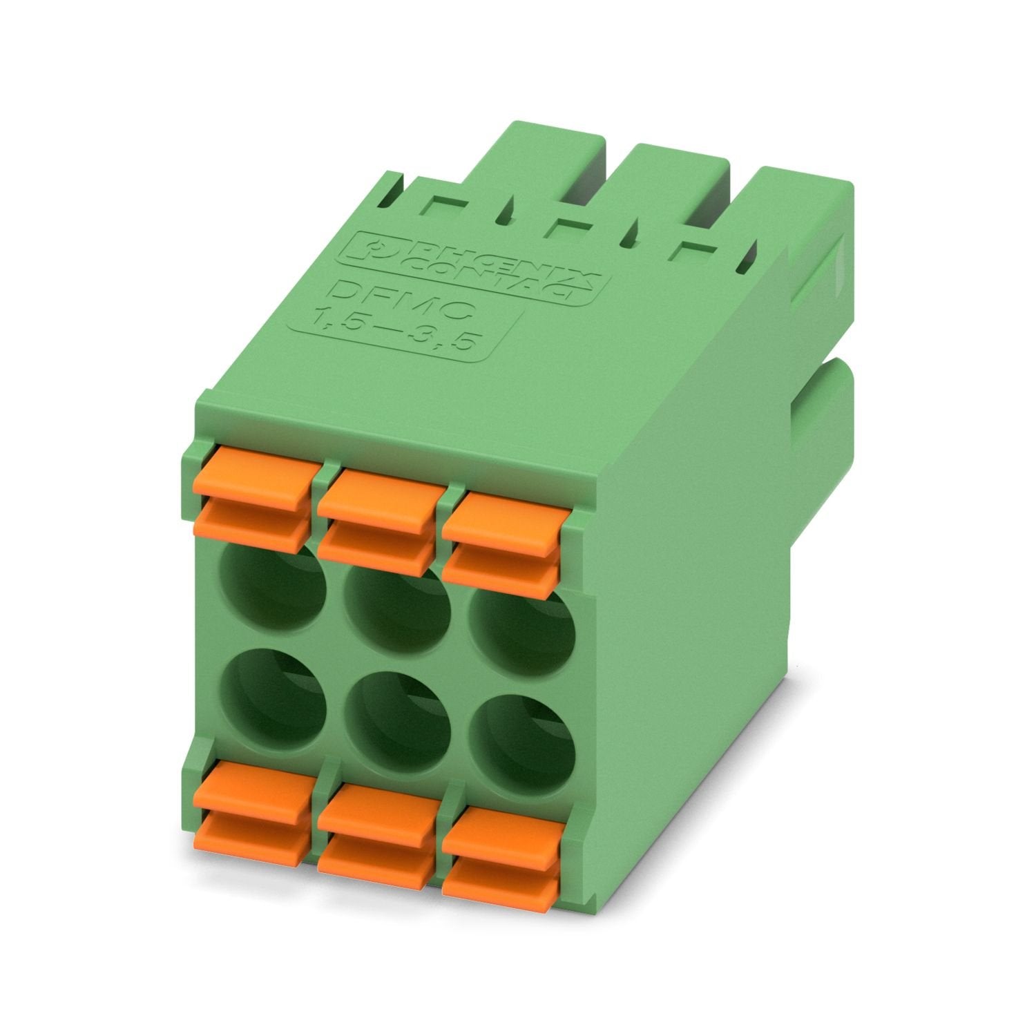 PCB connector, nominal cross section: 1.5 mm 2 , color: green, nominal current: 8 A, rated voltage (III/2): 160 V, contact surface: Sn, contact connection type: Socket, number of potentials: 6, number of rows: 2, number of positions: 3, number of connections: 6, product range: DFMC 1,5/..-ST, pitch: 3.5 mm, connection method: Push-in spring connection, mounting: Insertion in base strip, conductor/PCB connection direction: 0 °, plug-in system: COMBICON DFMC 1,5, locking: without, mounting method: without, ty