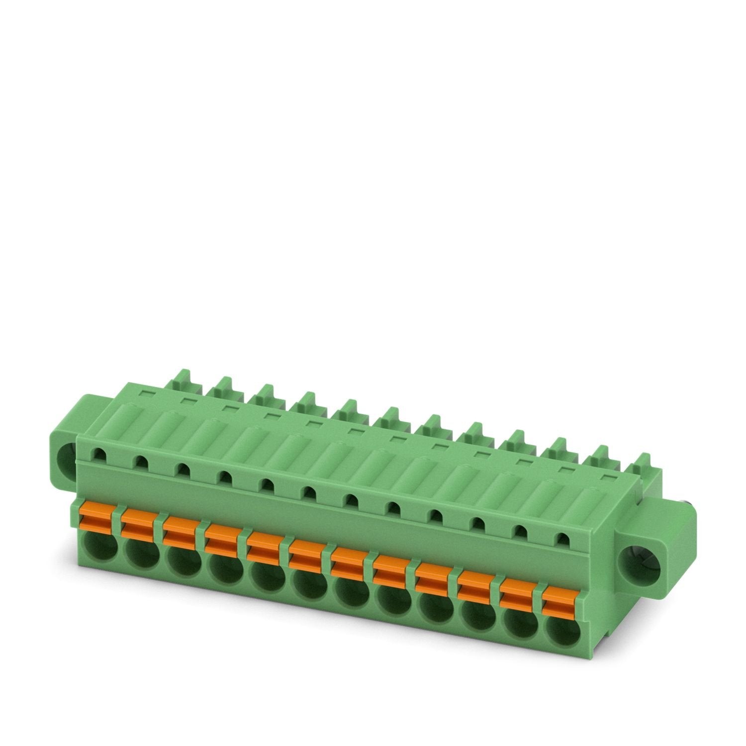 PCB connector, nominal cross section: 1.5 mm 2 , color: green, nominal current: 8 A, rated voltage (III/2): 160 V, contact surface: Sn, contact connection type: Socket, number of potentials: 12, number of rows: 1, number of positions: 12, number of connections: 12, product range: FK-MCP 1,5/..-STF, pitch: 3.81 mm, connection method: Push-in spring connection, conductor/PCB connection direction: 0 °, plug-in system: COMBICON MC 1,5, locking: Screw locking mechanism, mounting method: Screw flange, type of pac