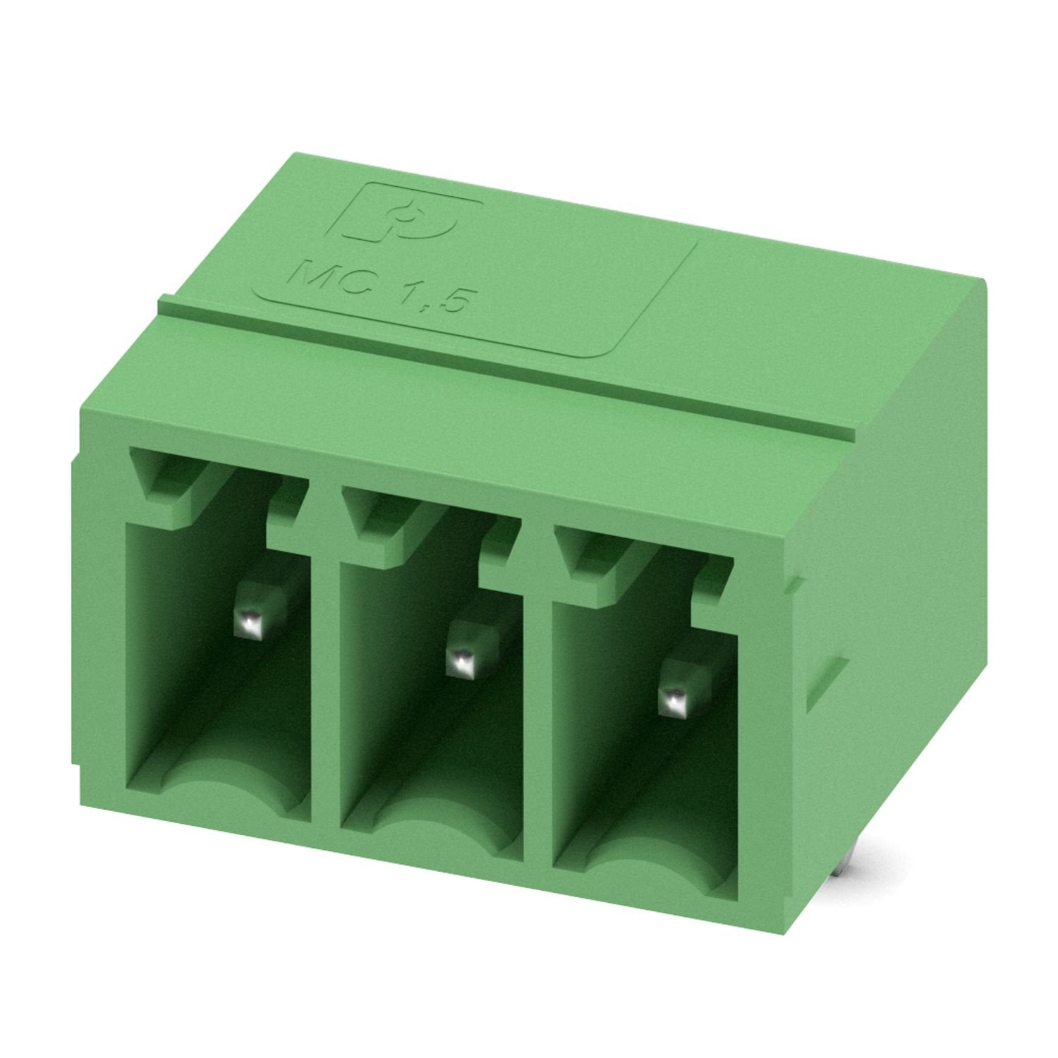 PCB headers, nominal cross section: 1.5 mm 2 , color: green, nominal current: 8 A, rated voltage (III/2): 160 V, contact surface: Sn, contact connection type: Pin, number of potentials: 3, number of rows: 1, number of positions: 3, number of connections: 3, product range: MC 1,5/..-G, pitch: 3.5 mm, screw head form: L Slotted, mounting: Wave soldering, pin layout: Linear pinning, solder pin [P]: 3.4 mm, number of solder pins per potential: 1, plug-in system: COMBICON MC 1,5, Pin connector pattern alignment: