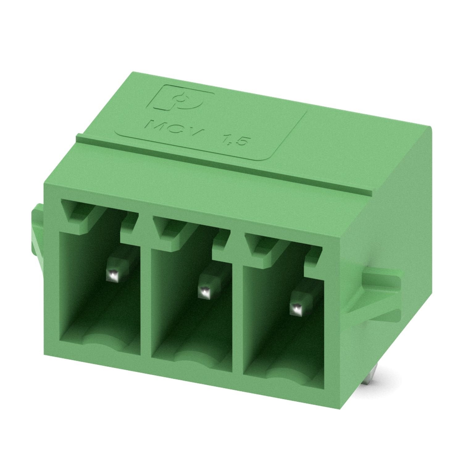 PCB headers, nominal cross section: 1.5 mm 2 , color: green, nominal current: 8 A, rated voltage (III/2): 160 V, contact surface: Sn, contact connection type: Pin, number of potentials: 3, number of rows: 1, number of positions: 3, number of connections: 3, product range: MC 1,5/..-G-RN, pitch: 3.5 mm, mounting: Wave soldering, pin layout: Linear pinning, solder pin [P]: 3.4 mm, number of solder pins per potential: 1, plug-in system: COMBICON FMC 1,5 - MCDN 1,5, Pin connector pattern alignment: Standard, lo
