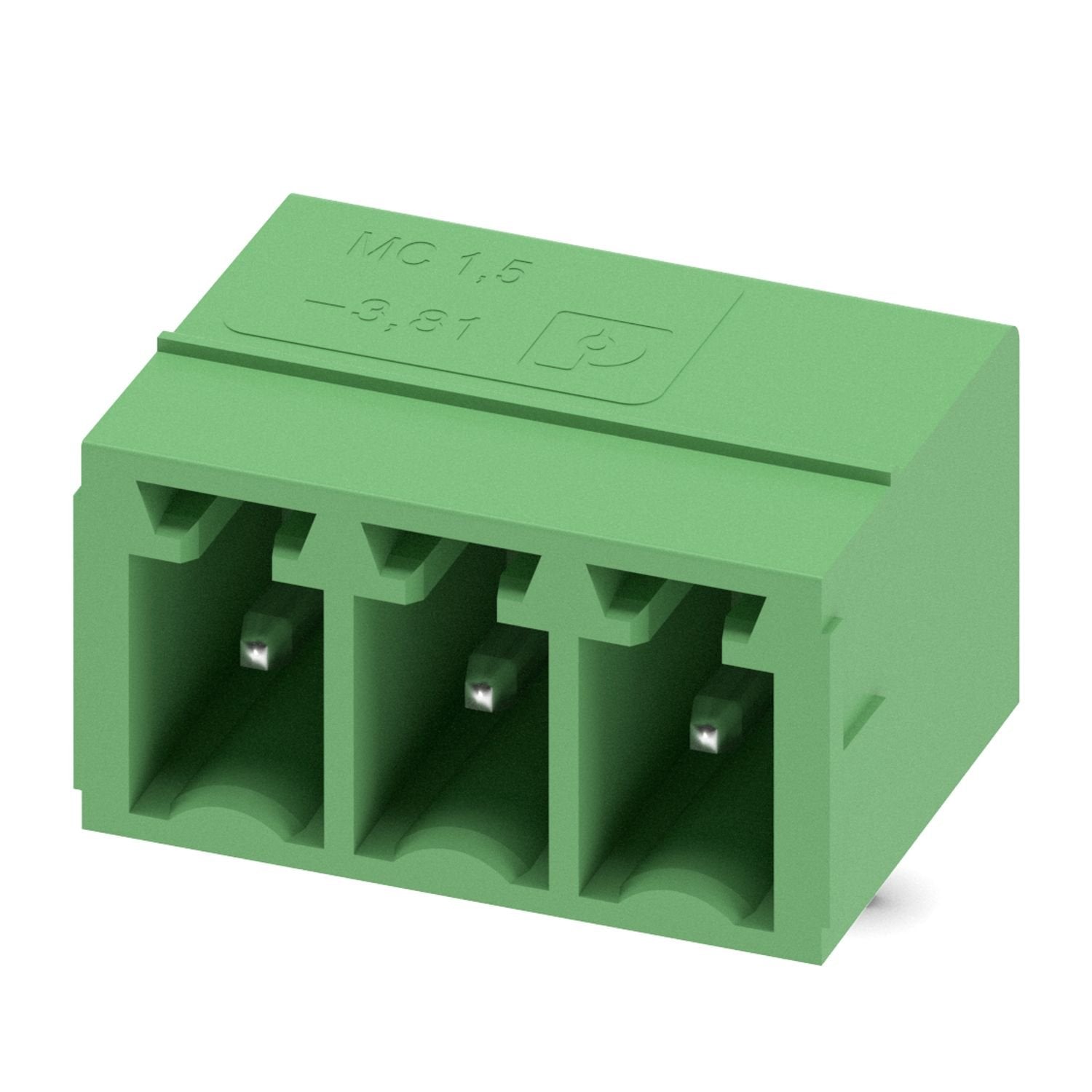 PCB headers, nominal cross section: 1.5 mm 2 , color: green, nominal current: 8 A, rated voltage (III/2): 160 V, contact surface: Sn, contact connection type: Pin, number of potentials: 3, number of rows: 1, number of positions: 3, number of connections: 3, product range: MC 1,5/..-G, pitch: 3.81 mm, screw head form: L Slotted, mounting: Wave soldering, pin layout: Linear pinning, solder pin [P]: 3.4 mm, number of solder pins per potential: 1, plug-in system: COMBICON MC 1,5, Pin connector pattern alignment