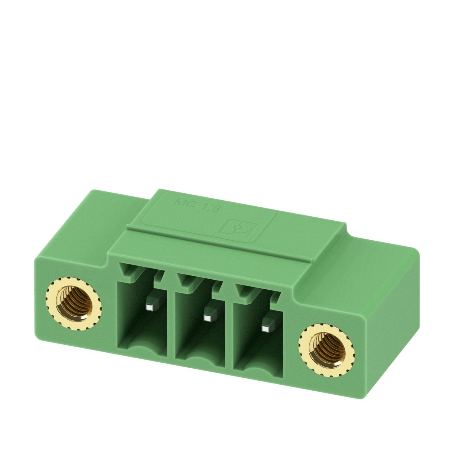 PCB headers, nominal cross section: 1.5 mm 2 , color: green, nominal current: 8 A, rated voltage (III/2): 160 V, contact surface: Sn, contact connection type: Pin, number of potentials: 3, number of rows: 1, number of positions: 3, number of connections: 3, product range: MC 1,5/..-GF, pitch: 3.81 mm, mounting: Wave soldering, pin layout: Linear pinning, solder pin [P]: 3.4 mm, number of solder pins per potential: 1, plug-in system: COMBICON MC 1,5, Pin connector pattern alignment: Standard, locking: Screw 