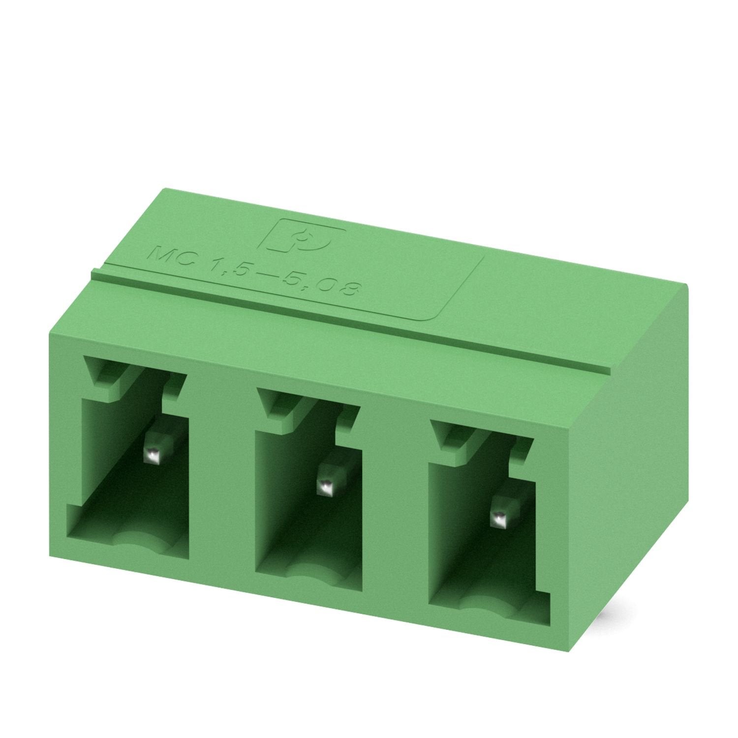 PCB headers, nominal cross section: 1.5 mm 2 , color: green, nominal current: 8 A, rated voltage (III/2): 320 V, contact surface: Sn, contact connection type: Pin, number of potentials: 3, number of rows: 1, number of positions: 3, number of connections: 3, product range: MC 1,5/..-G, pitch: 5.08 mm, mounting: Wave soldering, pin layout: Linear pinning, solder pin [P]: 3.4 mm, number of solder pins per potential: 1, plug-in system: COMBICON MC 1,5, Pin connector pattern alignment: Standard, locking: without