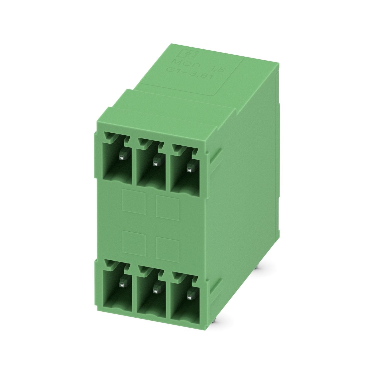 PCB headers, nominal cross section: 1.5 mm 2 , color: green, nominal current: 8 A, rated voltage (III/2): 160 V, contact surface: Sn, contact connection type: Pin, number of potentials: 6, number of rows: 2, number of positions: 3, number of connections: 6, product range: MCD 1,5/..-G1, pitch: 3.81 mm, mounting: Wave soldering, pin layout: Linear pinning, solder pin [P]: 3.5 mm, number of solder pins per potential: 1, plug-in system: COMBICON MC 1,5, Pin connector pattern alignment: Standard, locking: witho