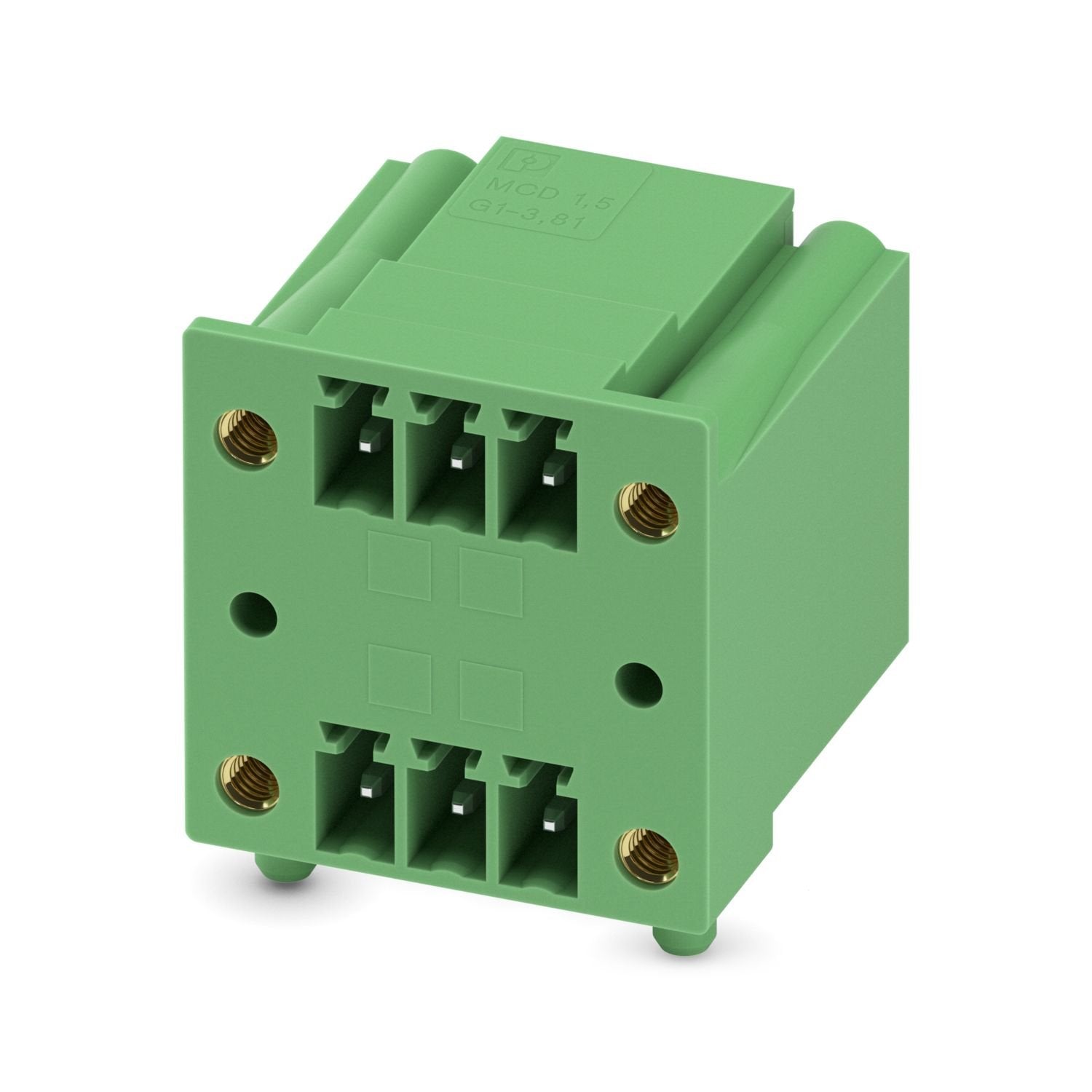 PCB headers, nominal cross section: 1.5 mm 2 , color: green, nominal current: 8 A, rated voltage (III/2): 160 V, contact surface: Sn, contact connection type: Pin, number of potentials: 6, number of rows: 2, number of positions: 3, number of connections: 6, product range: MCD 1,5/..-G1F, pitch: 3.81 mm, mounting: Wave soldering, pin layout: Linear pinning, solder pin [P]: 3.5 mm, number of solder pins per potential: 1, plug-in system: COMBICON MC 1,5, Pin connector pattern alignment: Standard, locking: Scre