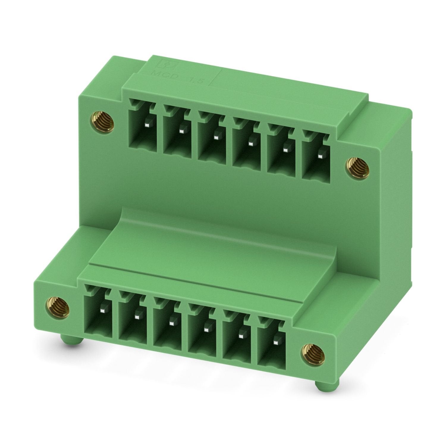 PCB headers, nominal cross section: 1.5 mm 2 , color: green, nominal current: 8 A, rated voltage (III/2): 160 V, contact surface: Sn, contact connection type: Pin, number of potentials: 12, number of rows: 2, number of positions: 6, number of connections: 12, product range: MCD 1,5/..-GF, pitch: 3.81 mm, mounting: Wave soldering, pin layout: Linear pinning, solder pin [P]: 3.5 mm, number of solder pins per potential: 1, plug-in system: COMBICON MC 1,5, Pin connector pattern alignment: Standard, locking: Scr