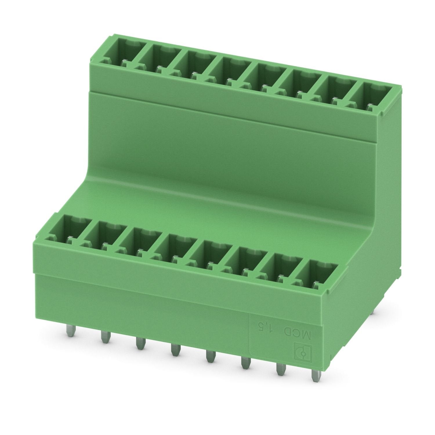PCB headers, nominal cross section: 1.5 mm 2 , color: green, nominal current: 8 A, rated voltage (III/2): 160 V, contact surface: Sn, contact connection type: Pin, number of potentials: 16, number of rows: 2, number of positions: 8, number of connections: 16, product range: MCDV 1,5/..-G, pitch: 3.81 mm, mounting: Wave soldering, pin layout: Linear pinning, solder pin [P]: 3.4 mm, number of solder pins per potential: 1, plug-in system: COMBICON MC 1,5, Pin connector pattern alignment: Standard, locking: wit
