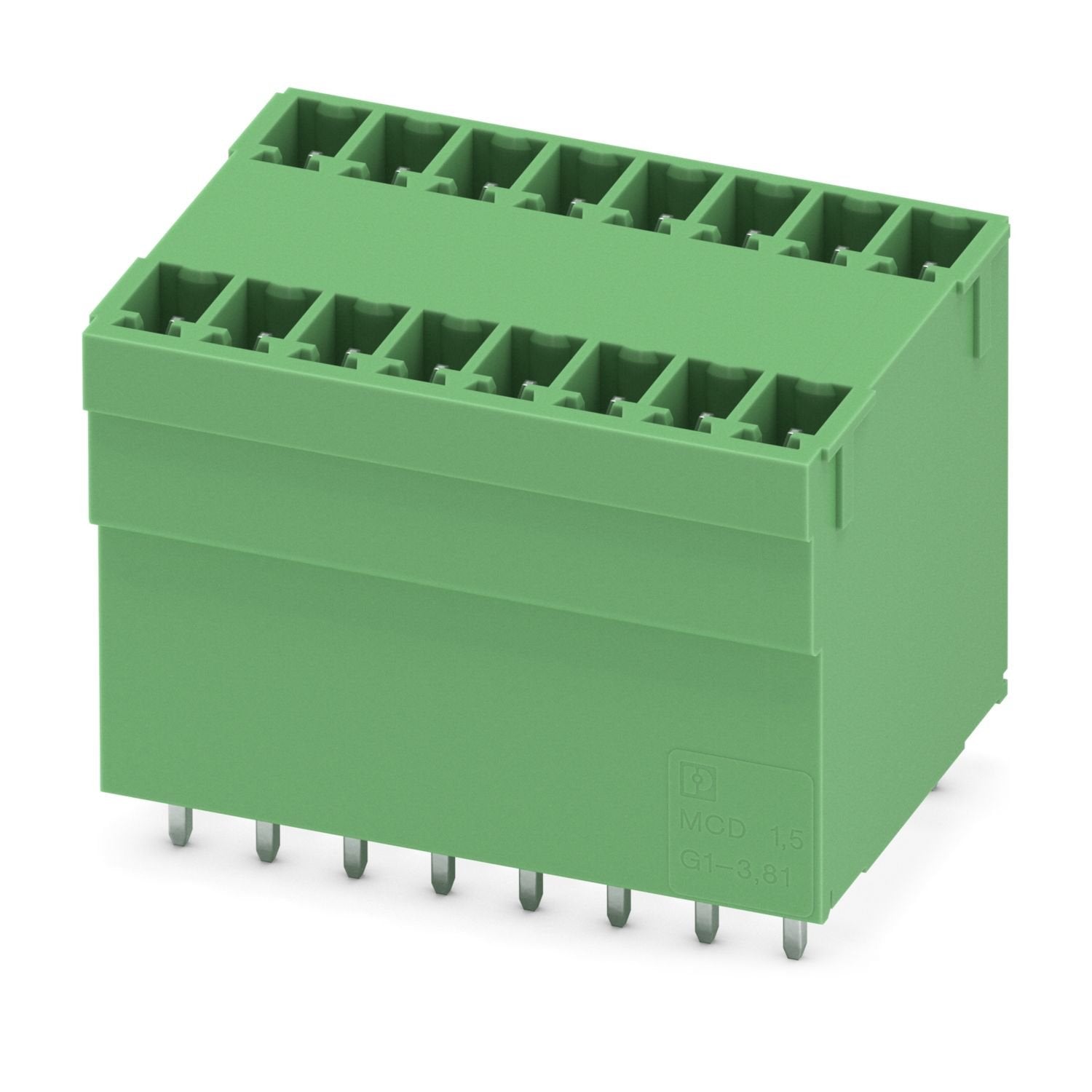 PCB headers, nominal cross section: 1.5 mm 2 , color: green, nominal current: 8 A, rated voltage (III/2): 160 V, contact surface: Sn, contact connection type: Pin, number of potentials: 16, number of rows: 2, number of positions: 8, number of connections: 16, product range: MCDV 1,5/..-G1, pitch: 3.81 mm, mounting: Wave soldering, pin layout: Linear pinning, solder pin [P]: 3.4 mm, number of solder pins per potential: 1, plug-in system: COMBICON MC 1,5, Pin connector pattern alignment: Standard, locking: wi