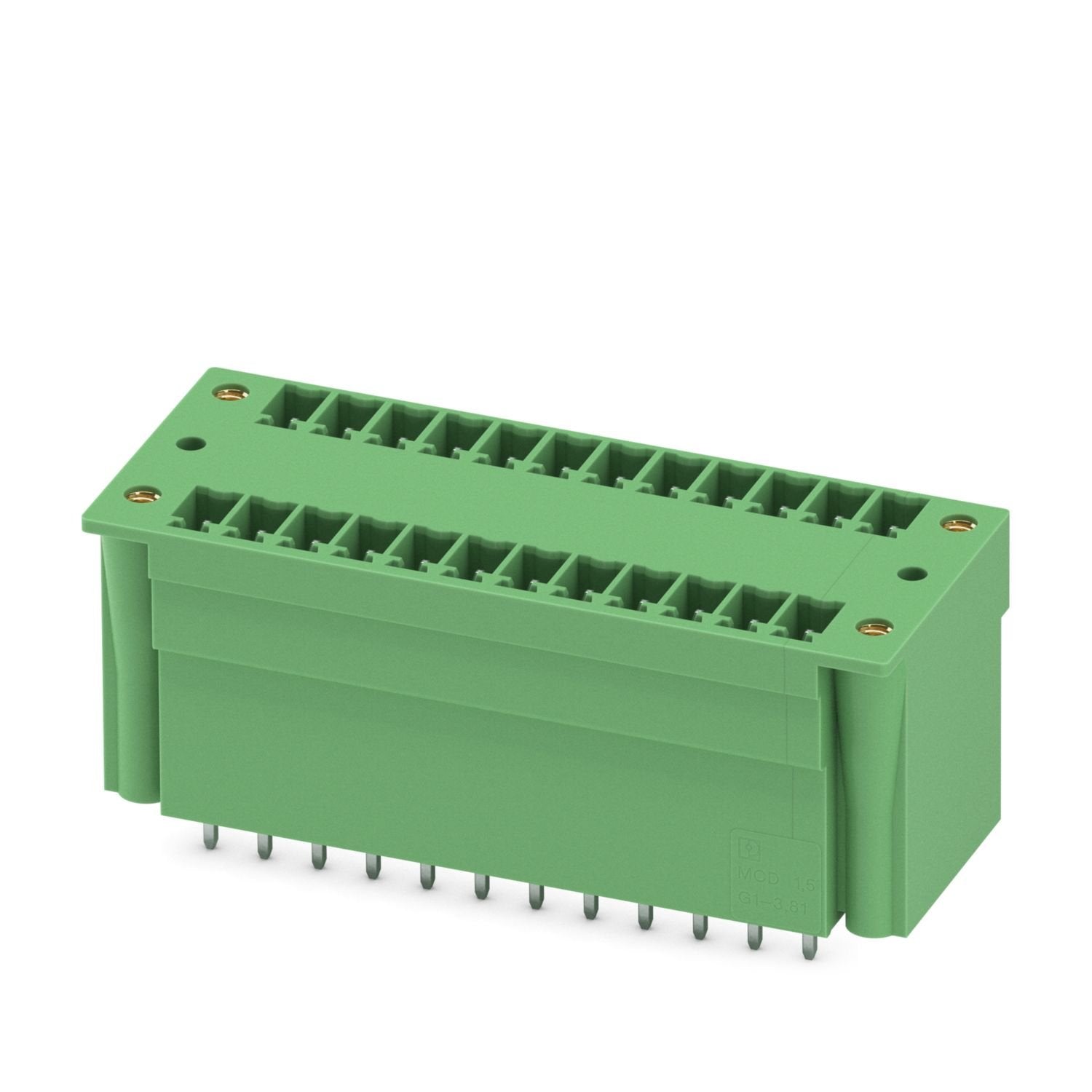 PCB headers, nominal cross section: 1.5 mm 2 , color: green, nominal current: 8 A, rated voltage (III/2): 160 V, contact surface: Sn, contact connection type: Pin, number of potentials: 24, number of rows: 2, number of positions: 12, number of connections: 24, product range: MCDV 1,5/..-G1F, pitch: 3.81 mm, mounting: Wave soldering, pin layout: Linear pinning, solder pin [P]: 3.4 mm, number of solder pins per potential: 1, plug-in system: COMBICON MC 1,5, Pin connector pattern alignment: Standard, locking: 