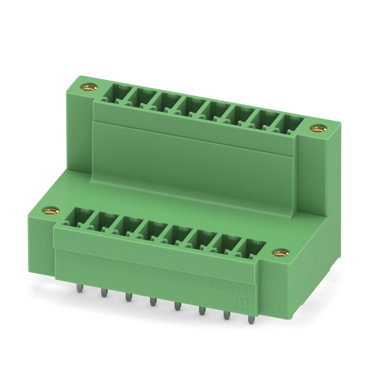 PCB headers, nominal cross section: 1.5 mm 2 , color: green, nominal current: 8 A, rated voltage (III/2): 160 V, contact surface: Sn, contact connection type: Pin, number of potentials: 16, number of rows: 2, number of positions: 8, number of connections: 16, product range: MCDV 1,5/..-GF, pitch: 3.81 mm, mounting: Wave soldering, pin layout: Linear pinning, solder pin [P]: 3.4 mm, number of solder pins per potential: 1, plug-in system: COMBICON MC 1,5, Pin connector pattern alignment: Standard, locking: Sc