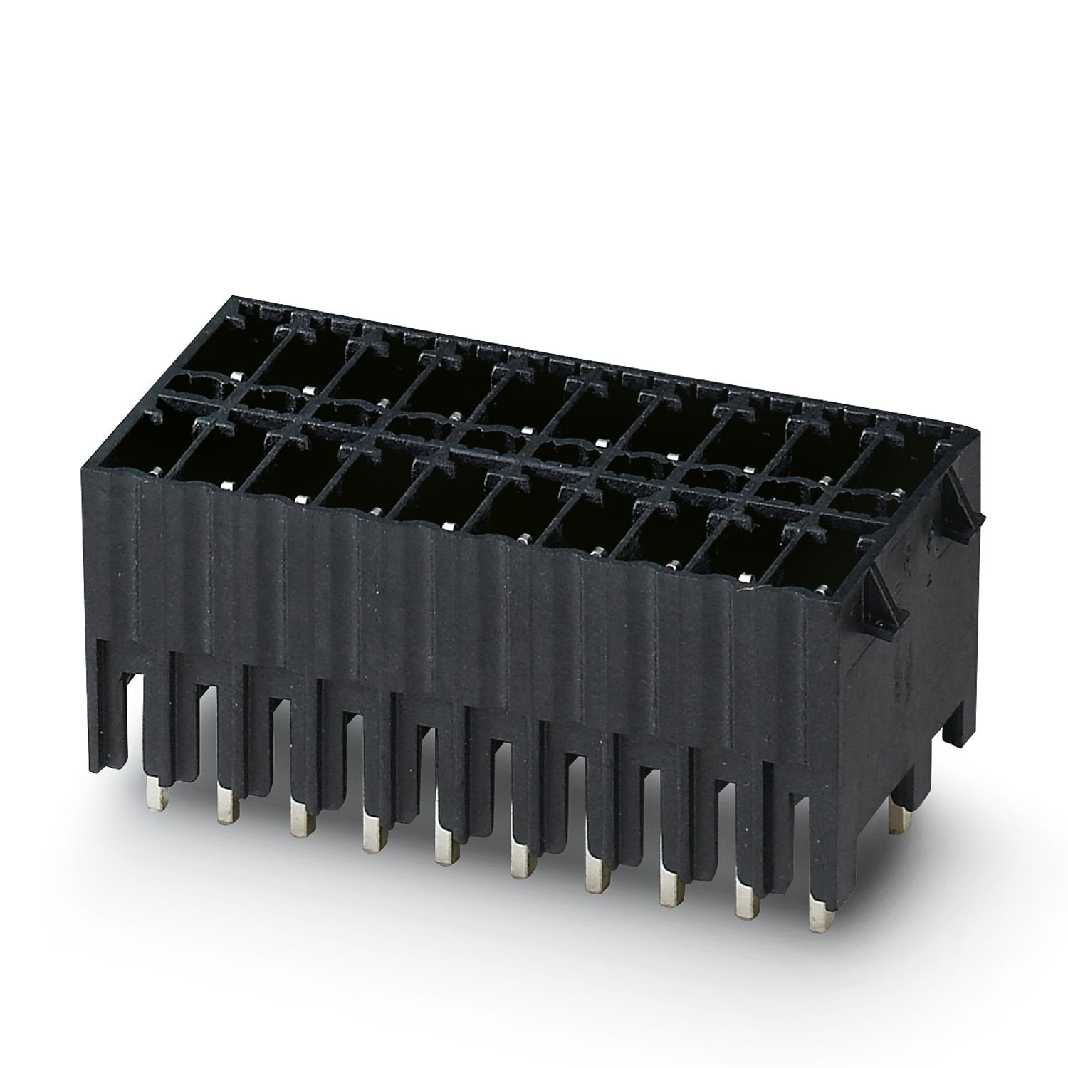 PCB headers, nominal cross section: 1.5 mm 2 , color: black, nominal current: 8 A, rated voltage (III/2): 160 V, contact surface: Sn, contact connection type: Pin, number of potentials: 10, number of rows: 2, number of positions: 5, number of connections: 10, product range: MCDNV 1,5/..-G1-RN-THR, pitch: 3.5 mm, mounting: THR soldering / wave soldering, pin layout: Linear pinning, solder pin [P]: 2.6 mm, number of solder pins per potential: 1, plug-in system: COMBICON FMC 1,5 - MCDN 1,5, Pin connector patte