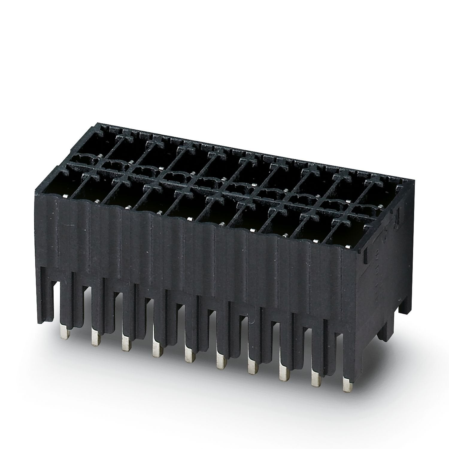 PCB headers, nominal cross section: 1.5 mm 2 , color: black, nominal current: 8 A, rated voltage (III/2): 160 V, contact surface: Sn, contact connection type: Pin, number of potentials: 20, number of rows: 2, number of positions: 10, number of connections: 20, product range: MCDNV 1,5/..-G1-THR, pitch: 3.5 mm, mounting: THR soldering / wave soldering, pin layout: Linear pinning, solder pin [P]: 2.6 mm, number of solder pins per potential: 1, plug-in system: COMBICON FMC 1,5 - MCDN 1,5, Pin connector pattern