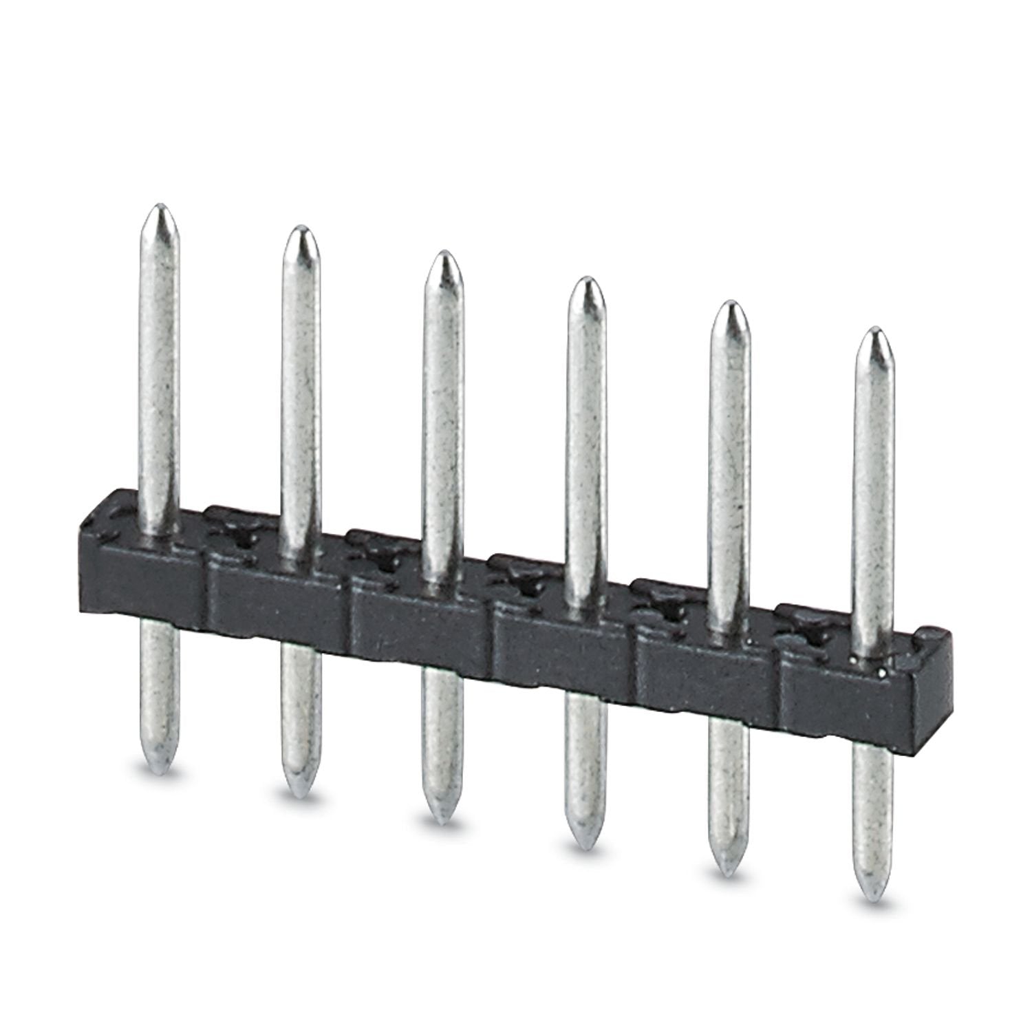 Pin strip, nominal cross section: 0.5 mm 2 , color: black, nominal current: 8 A (depends on the plug used), rated voltage (III/2): 250 V, contact surface: Sn, contact connection type: Pin, number of potentials: 6, number of rows: 1, number of positions: 6, number of connections: 6, product range: PST 1,0/..-V, pitch: 3.5 mm, mounting: THR soldering / wave soldering, pin layout: Linear pinning, solder pin [P]: 3.8 mm, plug-in system: COMBICON PST 1,0, locking: without, mounting method: without, type of packa