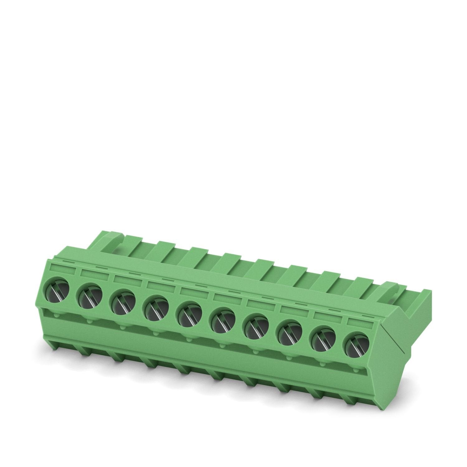 PCB connector, nominal cross section: 2.5 mm 2 , color: green, nominal current: 12 A, rated voltage (III/2): 320 V, contact surface: Sn, contact connection type: Socket, number of potentials: 10, number of rows: 1, number of positions: 10, number of connections: 10, product range: SMSTB 2,5/..-ST, pitch: 5.08 mm, connection method: Screw connection with tension sleeve, screw head form: L Slotted, conductor/PCB connection direction: -45 °, locking clip: - Locking clip, plug-in system: COMBICON MSTB 2,5, lock