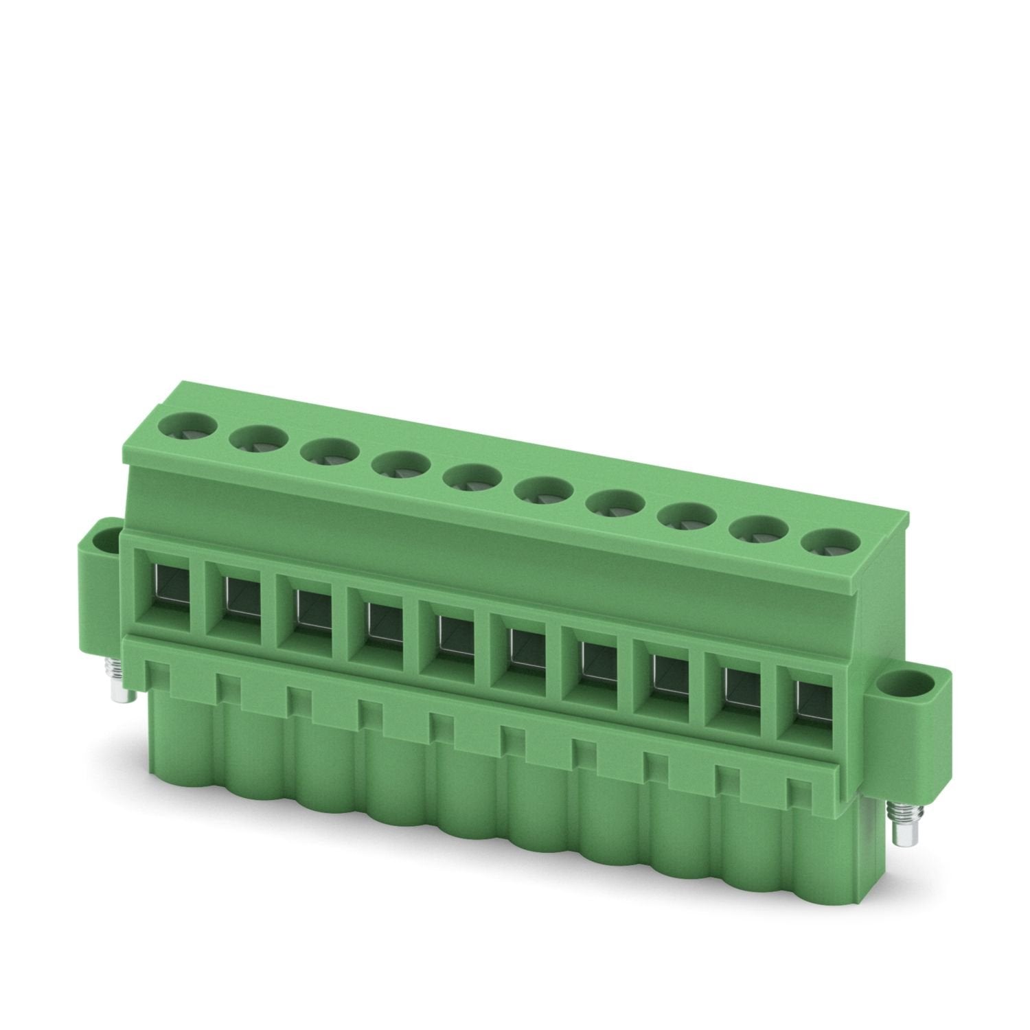 PCB connector, nominal cross section: 2.5 mm 2 , color: green, nominal current: 12 A, rated voltage (III/2): 320 V, contact surface: Sn, contact connection type: Socket, number of potentials: 10, number of rows: 1, number of positions: 10, number of connections: 10, product range: MVSTBW 2,5/..-STF, pitch: 5.08 mm, connection method: Screw connection with tension sleeve, screw head form: L Slotted, conductor/PCB connection direction: -90 °, locking clip: - Locking clip, plug-in system: COMBICON MSTB 2,5, lo