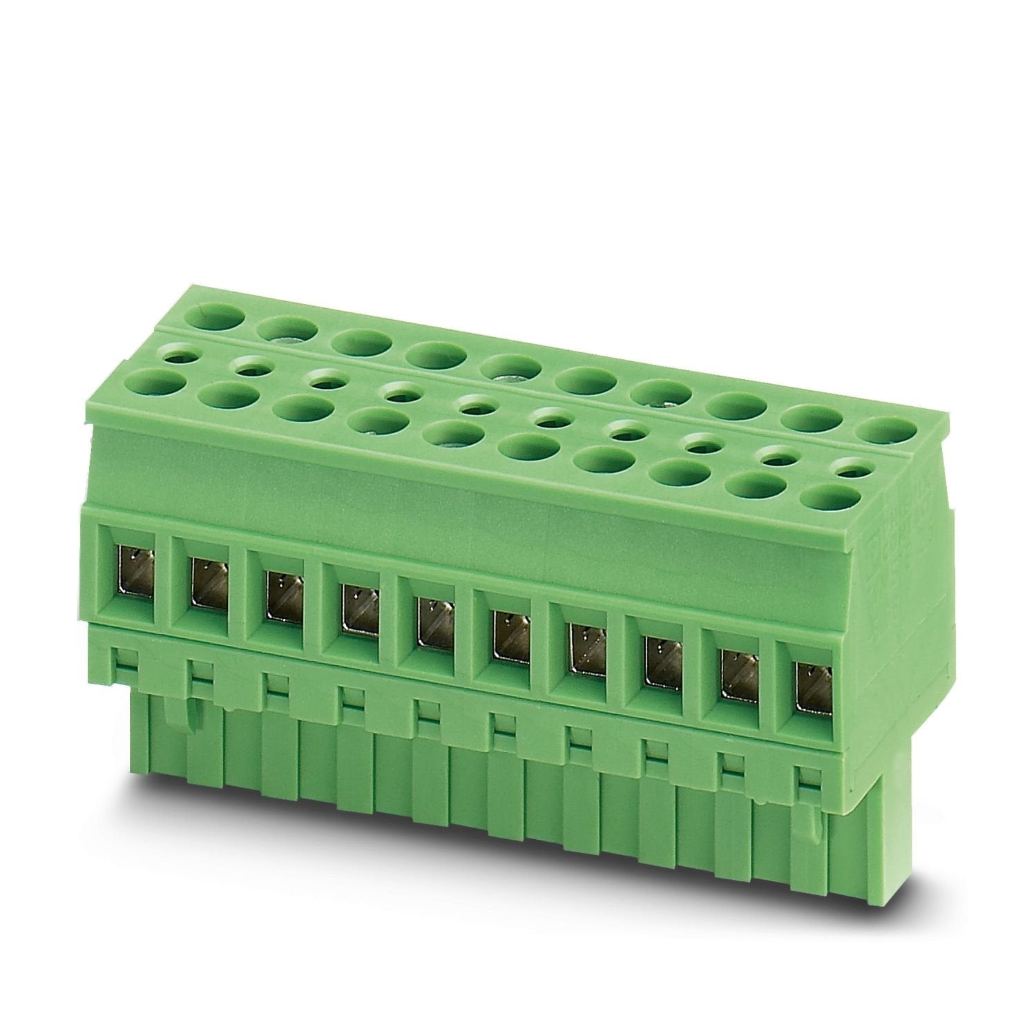 PCB TWIN plug, nominal cross section: 2.5 mm 2 , color: green, nominal current: 12 A, rated voltage (III/2): 400 V, contact surface: Sn, contact connection type: Socket, number of potentials: 3, number of rows: 1, number of positions: 3, number of connections: 6, product range: TVMSTB 2,5/..-ST, pitch: 5.08 mm, connection method: Screw connection with tension sleeve, screw head form: L Slotted, conductor/PCB connection direction: 90 °, locking clip: - Locking clip, plug-in system: COMBICON MSTB 2,5, locking