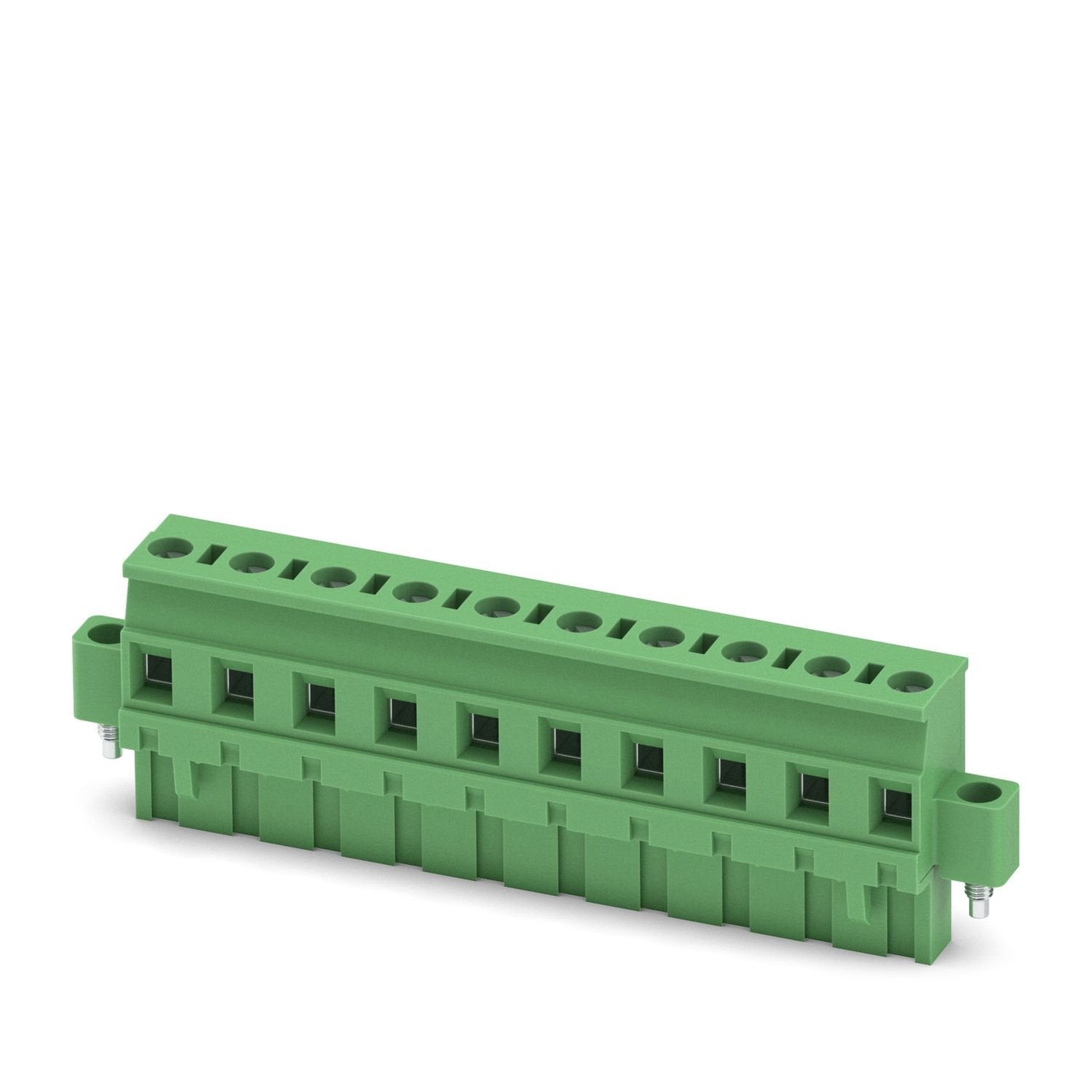 PCB connector, nominal cross section: 2.5 mm 2 , color: green, nominal current: 12 A, rated voltage (III/2): 630 V, contact surface: Sn, contact connection type: Socket, number of potentials: 10, number of rows: 1, number of positions: 10, number of connections: 10, product range: GMVSTBR 2,5/..-STF, pitch: 7.62 mm, connection method: Screw connection with tension sleeve, screw head form: L Slotted, conductor/PCB connection direction: 90 °, locking clip: - Locking clip, plug-in system: COMBICON MSTB 2,5, lo