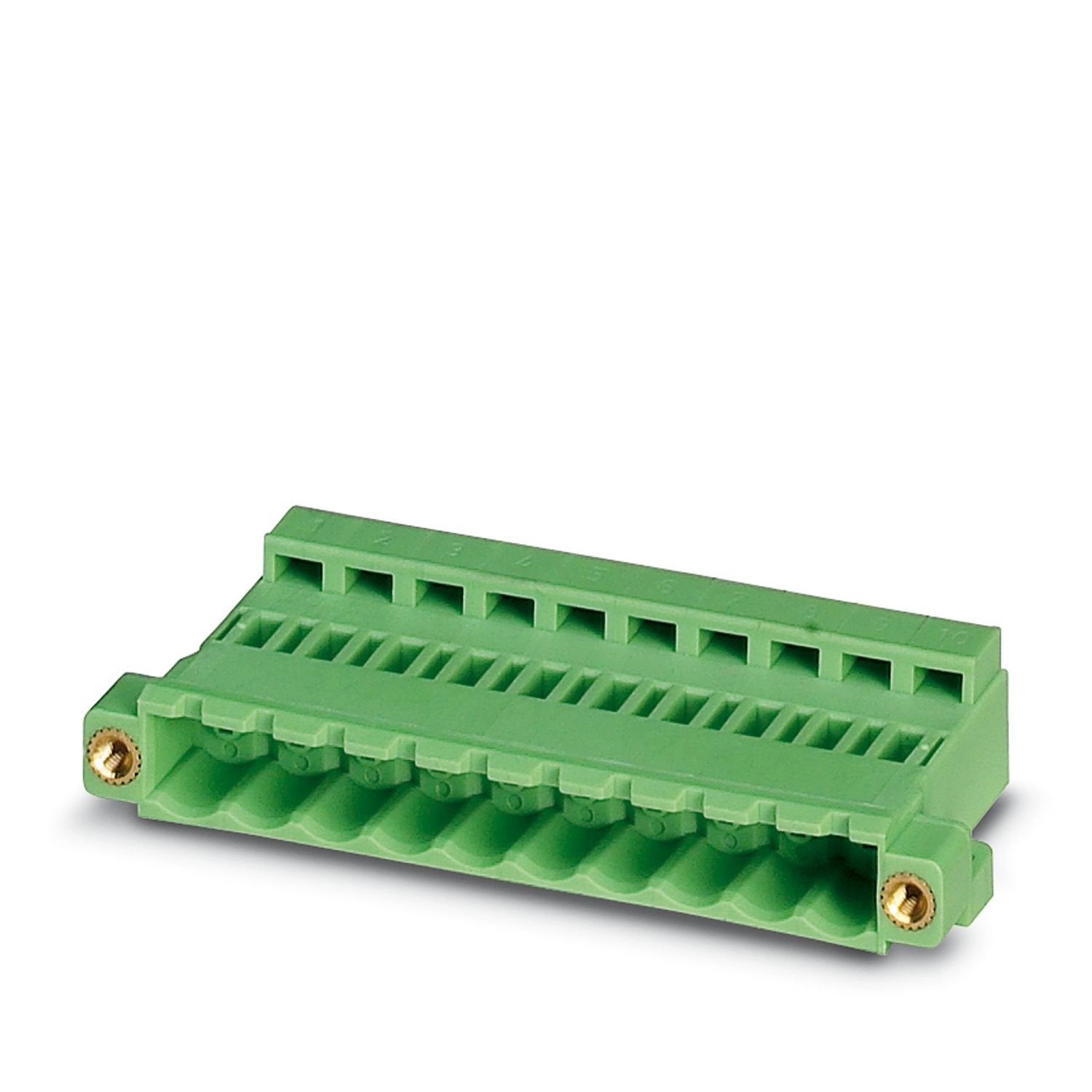 PCB connector, nominal cross section: 2.5 mm 2 , color: green, nominal current: 12 A, rated voltage (III/2): 320 V, contact connection type: Pin, number of potentials: 3, number of rows: 1, number of positions: 3, number of connections: 3, product range: ICC 2,5/..-STZFD, pitch: 5.08 mm, connection method: Crimp connection, conductor/PCB connection direction: 0 °, locking clip: - without locking clip, plug-in system: COMBICON MSTB 2,5, locking: Screw locking mechanism, mounting method: Screw flange, type of