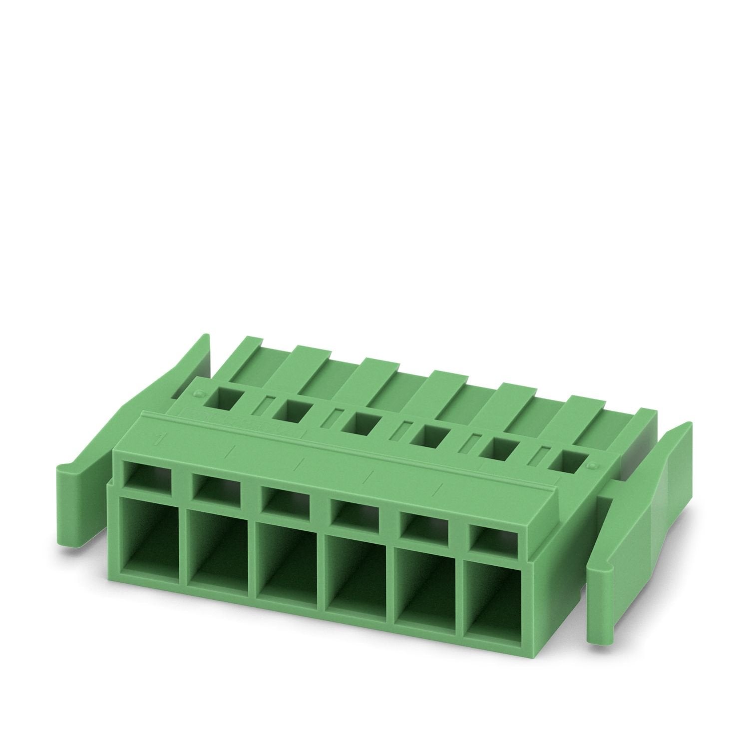 PCB connector, nominal cross section: 2.5 mm 2 , color: green, nominal current: 12 A, rated voltage (III/2): 320 V, contact connection type: Socket, number of potentials: 6, number of rows: 1, number of positions: 6, number of connections: 6, product range: MSTBC 2,5/..-STZ-RF, pitch: 5.08 mm, connection method: Crimp connection, conductor/PCB connection direction: 0 °, locking clip: - without locking clip, plug-in system: COMBICON MSTB 2,5, locking: Snap-in locking, mounting method: Latching flange, type o